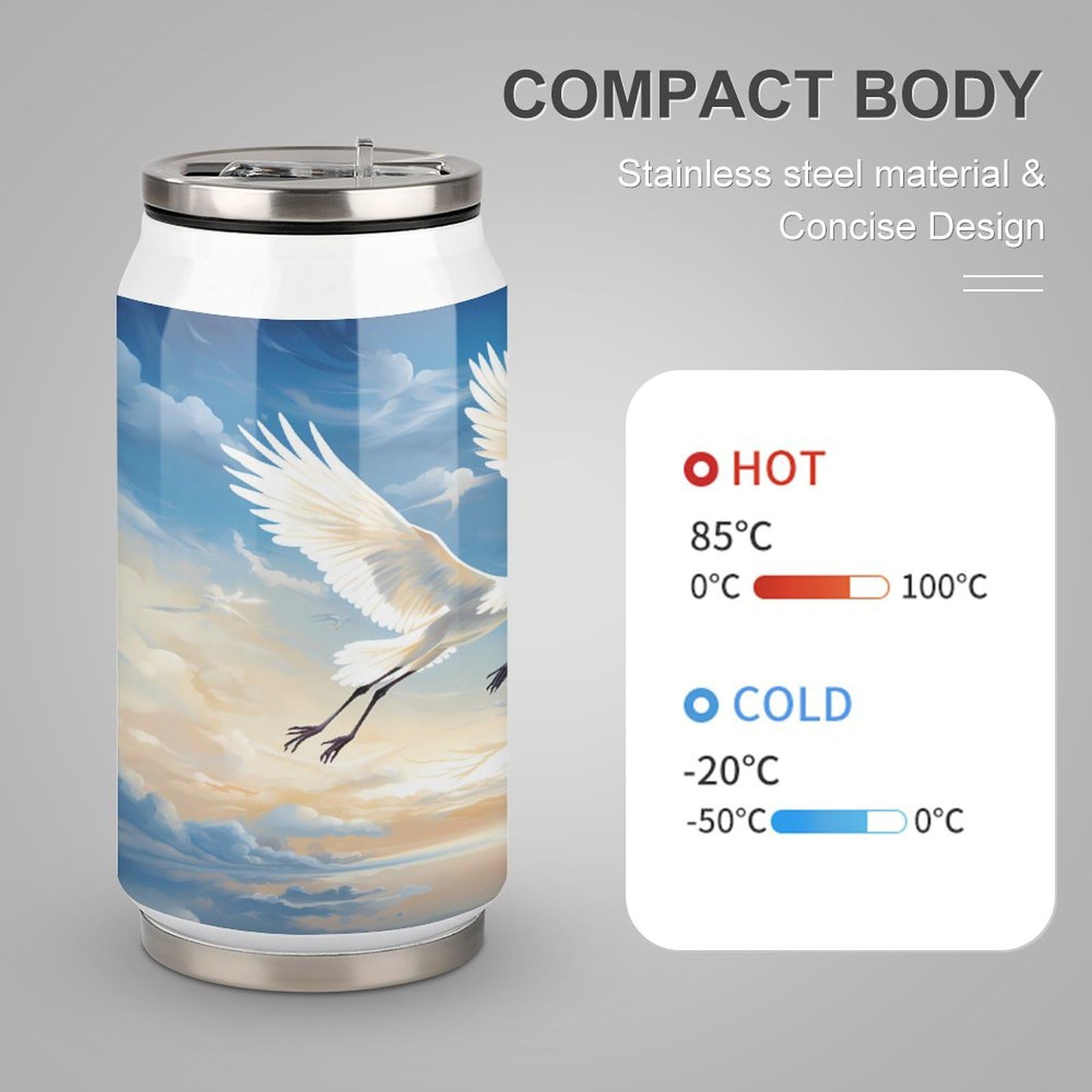 Stainless Steel Insulated Tumbler with Flip Lid - Cranes Birds Flying Sky Travel Design - Hot/Cold Coffee Mug for Home, Office & Outdoor Use - Perfect for Camping, Commuting and Gifts