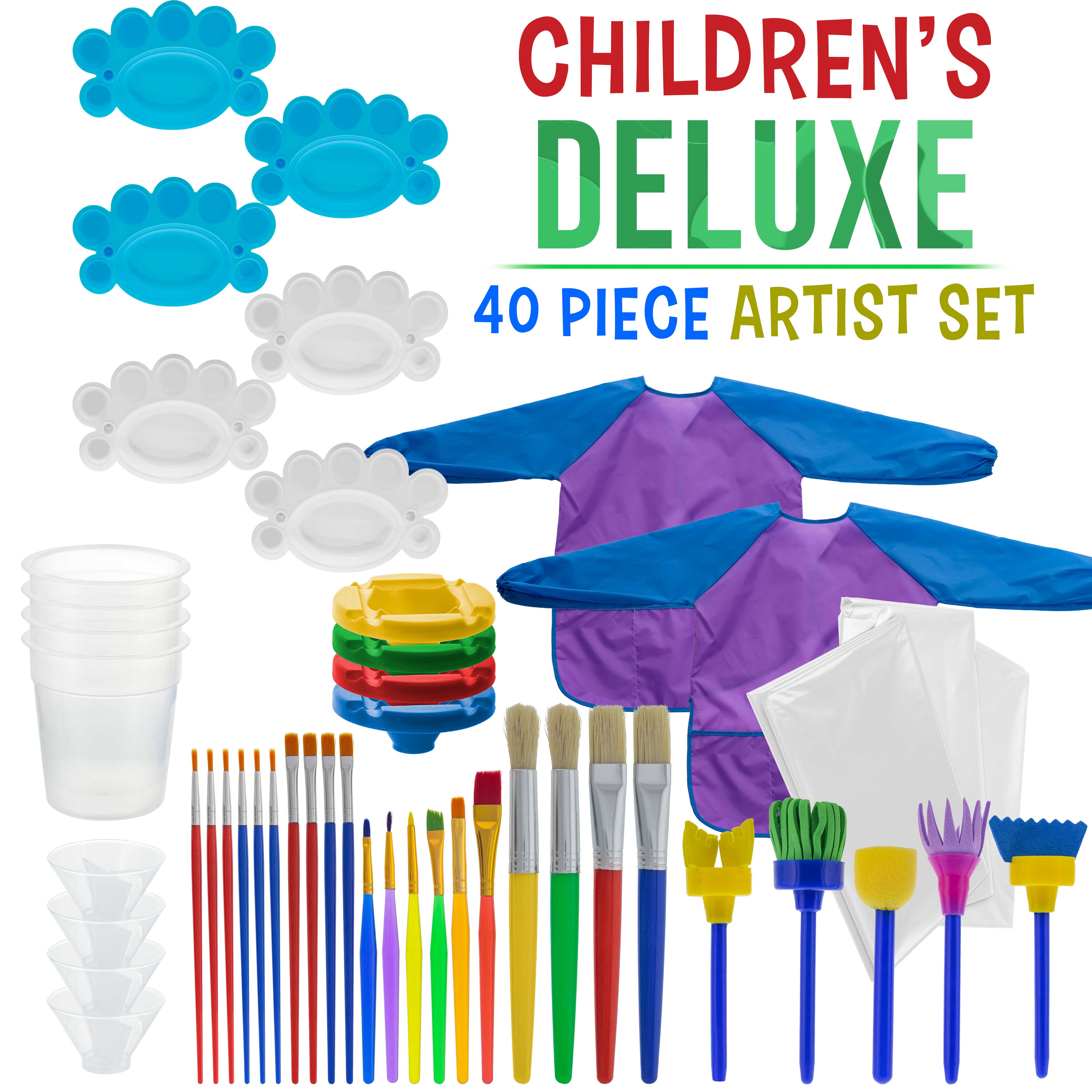 U.S. Art Supply 40-Piece Kids Painting Set with 25 Brushes, 4 No-Spill Paint Cups, 6 Palettes, 2 Aprons & 3 Cloths - Perfect for Children's Art Projects, Classroom Activities & DIY Crafts