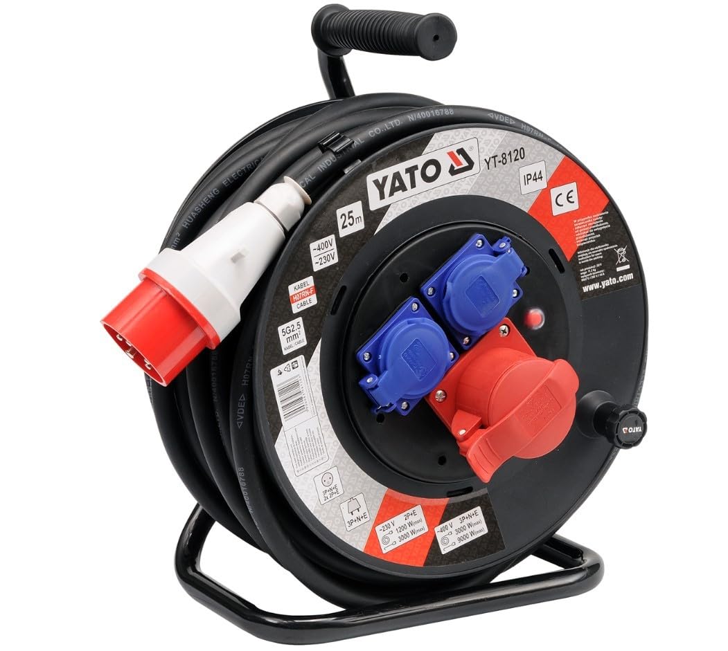 YT-8120 25m Heavy Duty Industrial Cable Reel with Handle - Power Cord Storage for Construction, Workshop & Outdoor Use