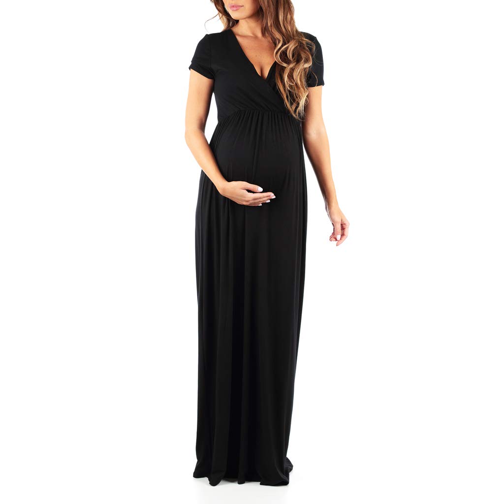 Stylish Maternity Maxi Dress with Ruched Waist & Faux Wrap - Short Sleeve Comfort for Pregnancy - Perfect for Baby Showers, Maternity Photos & Summer Outfits