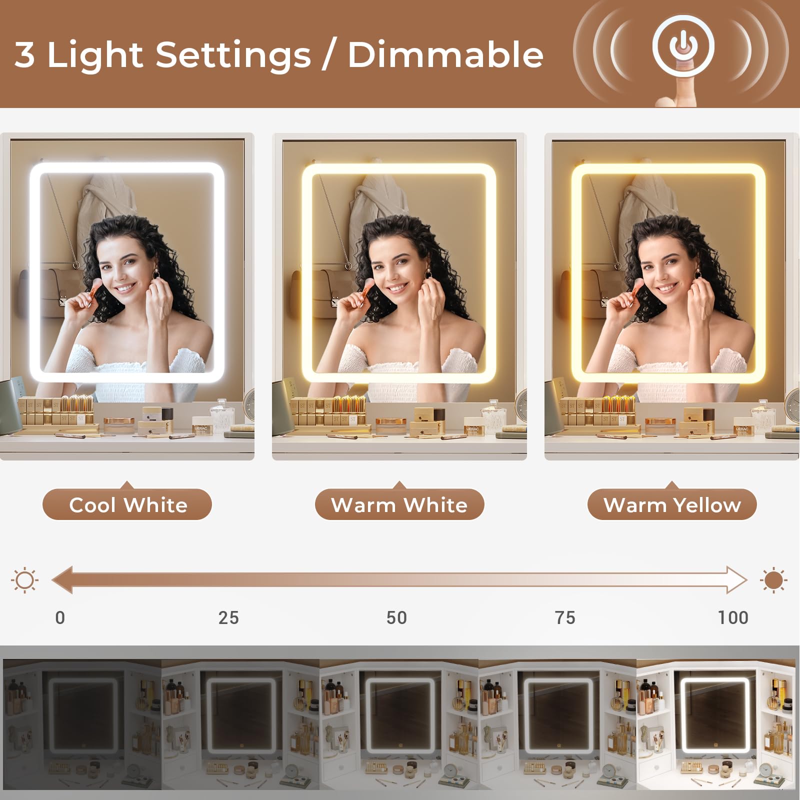 Modern White L-Shaped Vanity Desk with Mirror Lights & Storage - 3 Light Settings for Women & Girls - Perfect for Bedroom & Dressing Room