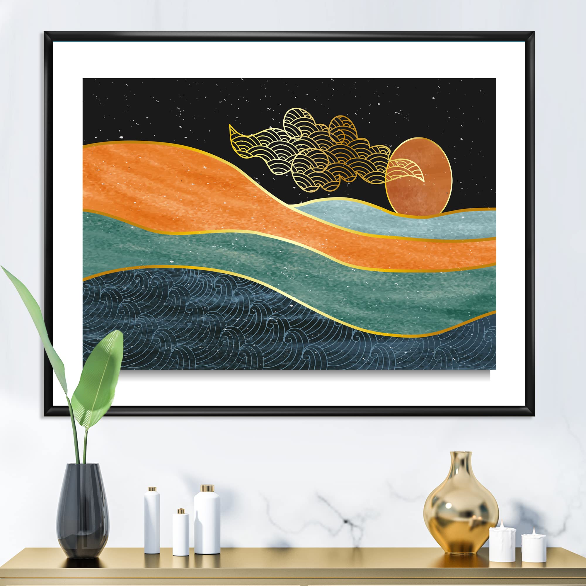 DesignQ Abstract Nature Sea Sky Sun Mountain Landscape - Modern Framed Canvas Wall Art Print for Living Room, Bedroom & Office Decor | Nature Inspired Home Wall Decor