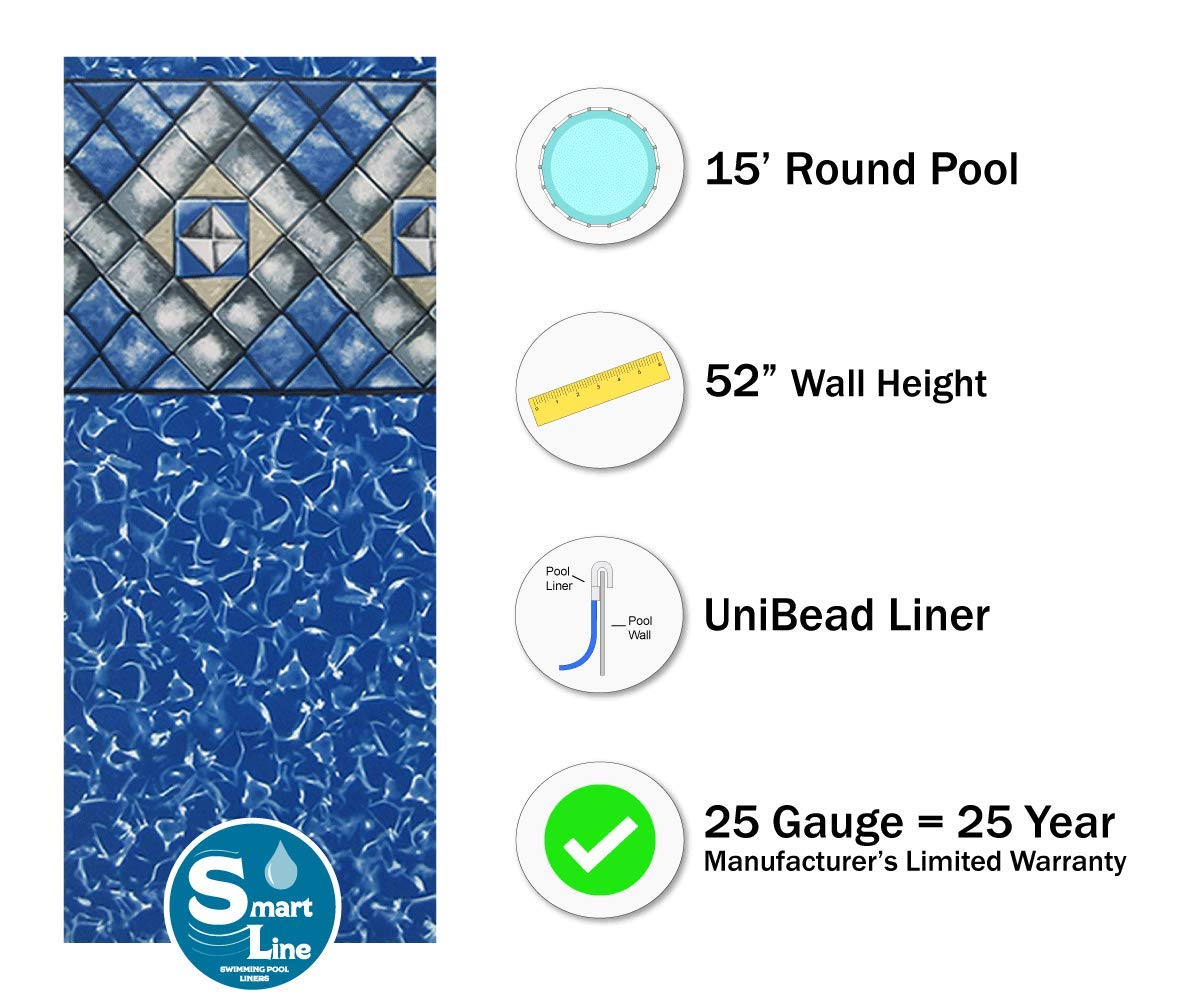 Smartline Manor 15-Foot Round Pool Liner - UniBead Style 52-Inch Wall Height - 25 Gauge Virgin Vinyl - Durable Above-Ground Swimming Pool Liner for Steel Sided Pools - Perfect for Backyard Summer Fun & Family Gatherings