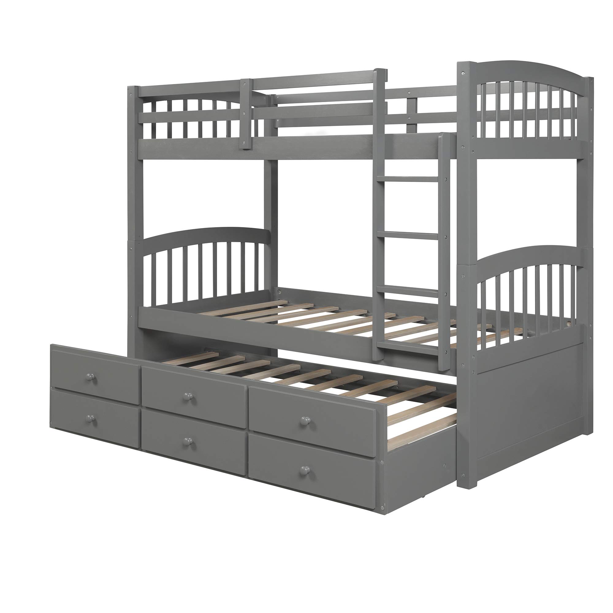 Twin Over Twin Bunk Bed with Trundle - Solid Wood Bed Frame with Ladder & Safety Rail - 3 Storage Drawers - Space Saving Kids & Teens Bedroom Furniture (Grey) - Perfect for Small Rooms, Guest Rooms & Vacation Homes
