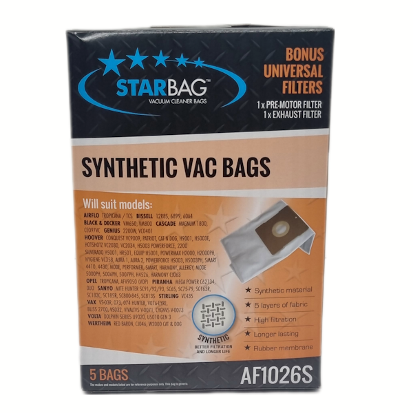 Starbag AF1026S Synthetic Vacuum Cleaner Bags - Compatible with Hoover, Eureka, Kenmore - 6 Pack - Perfect for Pet Hair, Dust & Allergies - Home Cleaning & Maintenance