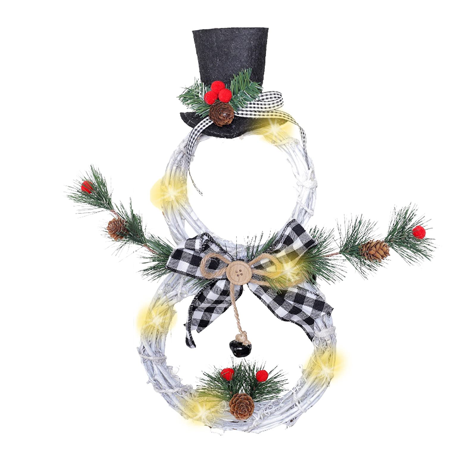 Christmas Wreath Hanging Decor with LED Lights - Snowman Rattan Circle Wall Ornament for Xmas Tree & Home Decoration - White Winter Holiday Wreath for Door, Fireplace Mantel & Indoor/Outdoor Decor