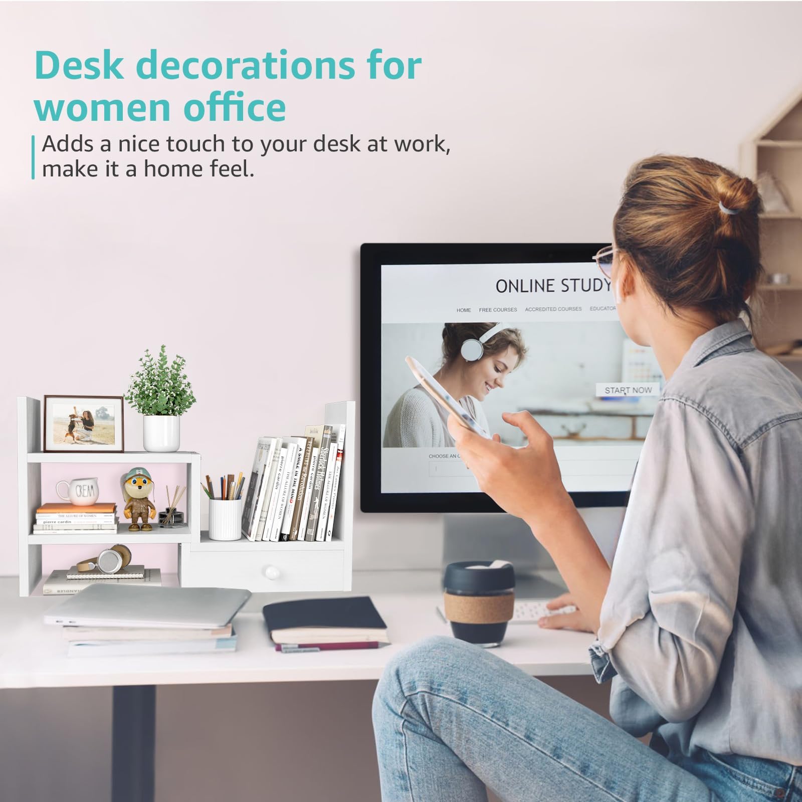White Desk Organizer Shelf with Drawers - Desktop Bookshelf for Office & Home, Small Hutch Decor for Women, Perfect for Workspace, Study, and Corner Table Organization