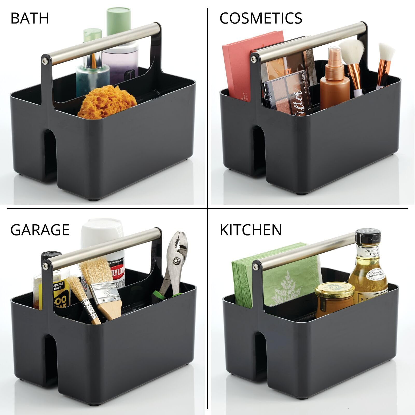 mDesign Plastic Shower Caddy Organizer with Metal Handle - Bathroom Storage Basket for Soap, Shampoo & Conditioner - Utility Tote for Dorm, Kitchen & Bath - Aura Collection in Black/Brushed Chrome - Perfect for Small Space Organization & Travel Essentials