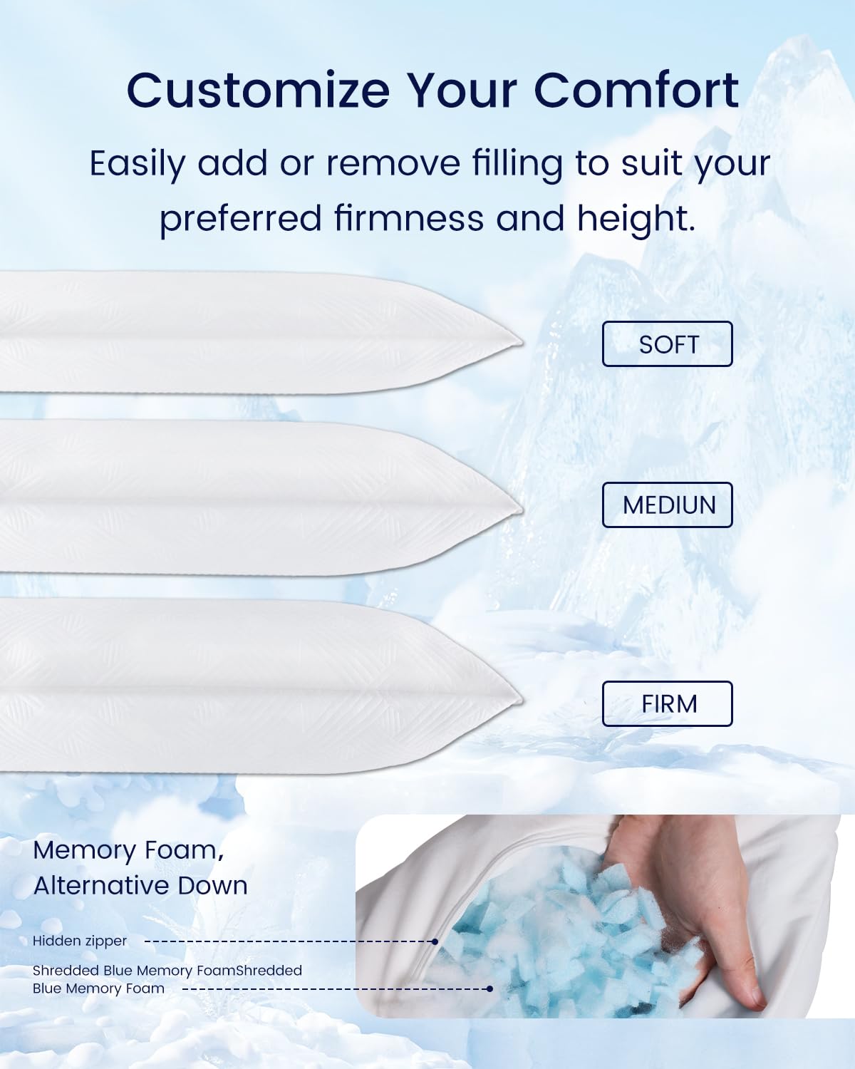 ZonLi Cooling Body Pillow 20x54 Inches - Adjustable Memory Foam Filling Long Body Pillow for Adults with Removable Cover - Full Size Bed Pillow for Hot Sleepers, Pregnancy Support & Side Sleepers - Perfect for Back Pain Relief & Comfortable Night Sleep (Cloud White)