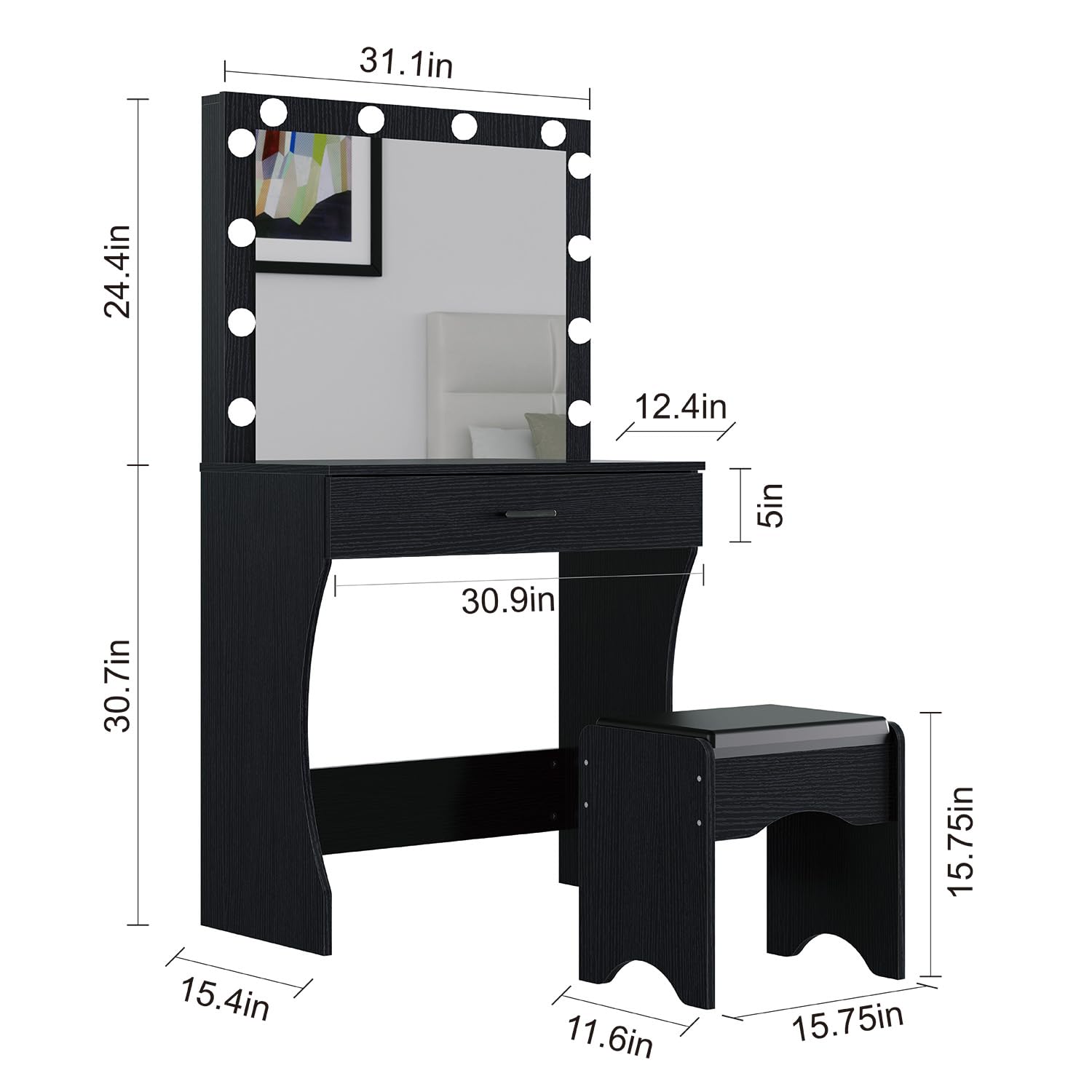 Vanity Desk with Mirror and Lights - Adjustable LED Makeup Vanity Table with Stool, 1 Drawer Storage, Modern Dressing Table for Bedroom (Black) | Perfect for Makeup Application, Skincare Routine & Home Decor
