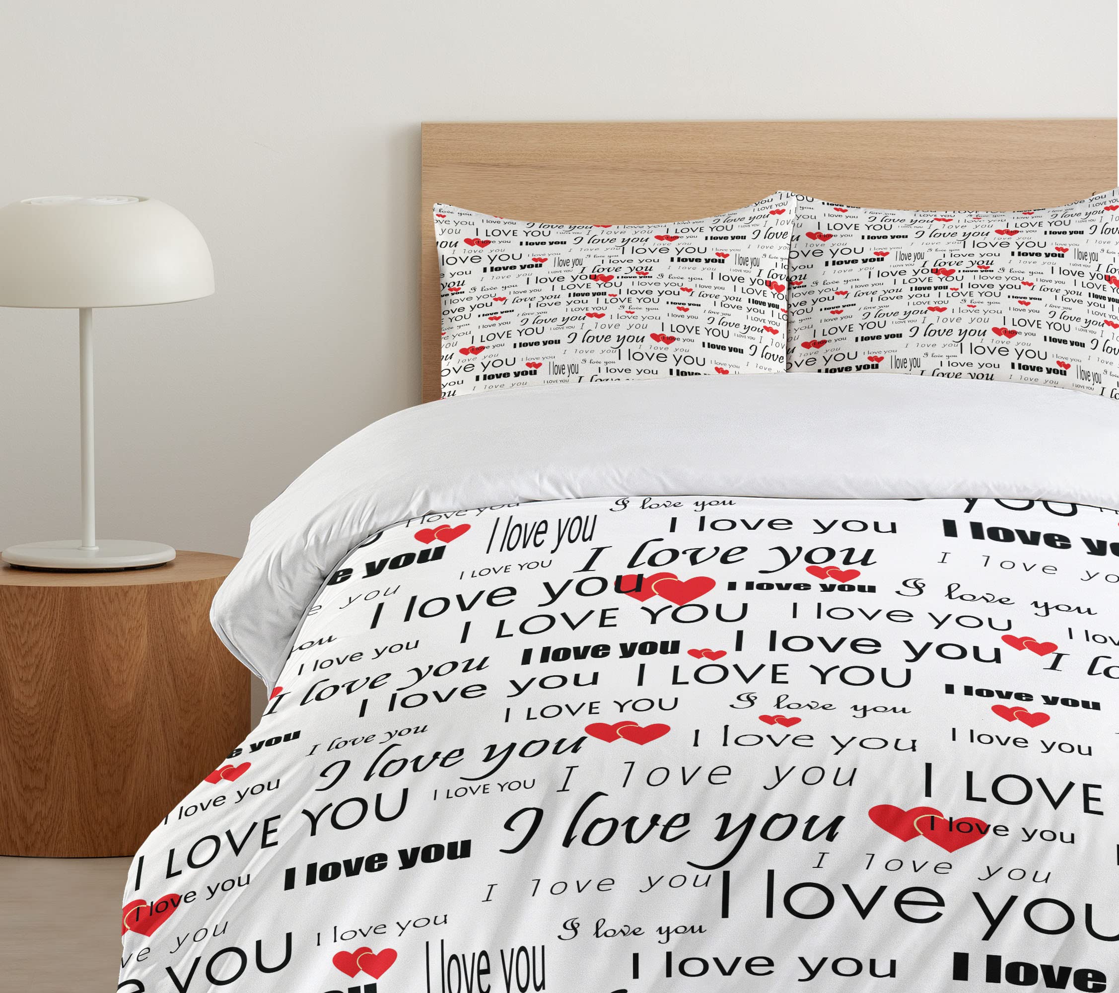 Ambesonne Romantic Duvet Cover Set - 'I Love You' Hearts Design for Couples | Valentine's Day Bedding | 3-Piece California King Set with 2 Pillow Shams in Vermilion, Black & White | Perfect for Anniversary Gifts, Wedding Decor & Cozy Bedroom Makeovers
