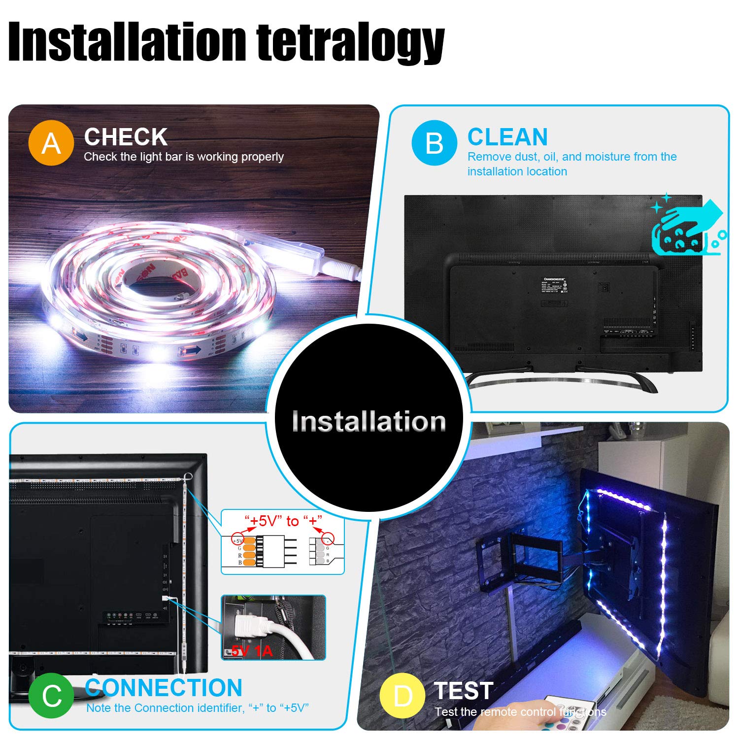 PANGTON VILLA 14.3ft USB LED TV Backlight Strip Lights for 65-75 inch HDTV, RGB 5050 LED Beads with 24-Key Remote (16 Color Changing) - Perfect for Home Theater, Gaming Setup & Ambient Lighting