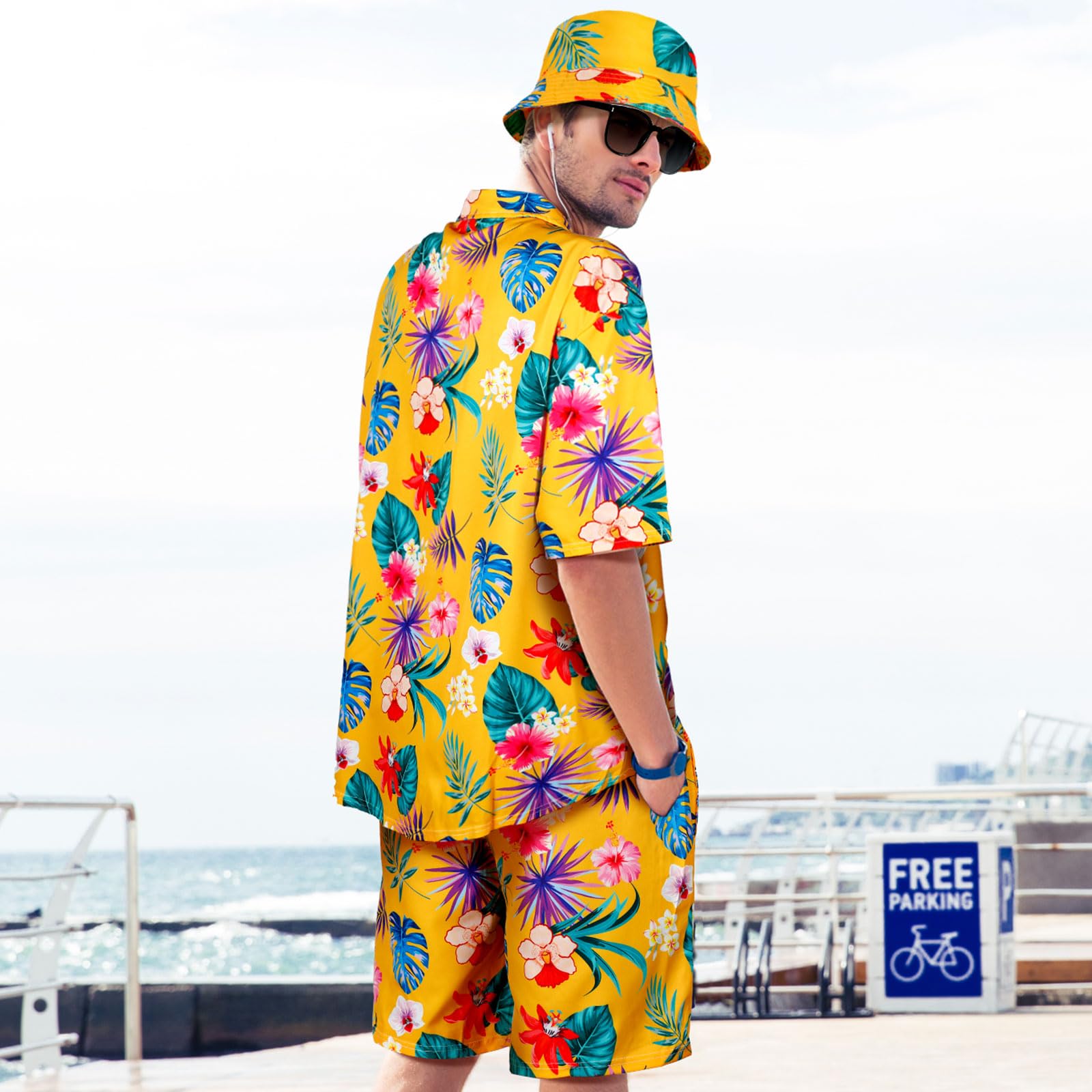 Harloon 4Pcs Men's Hawaiian Shirt and Shorts Set - Tropical Floral Button Down Beach Outfit with Bucket Hat & Sunglasses | Summer Vacation, Pool Party, Luau, Cruise Wear