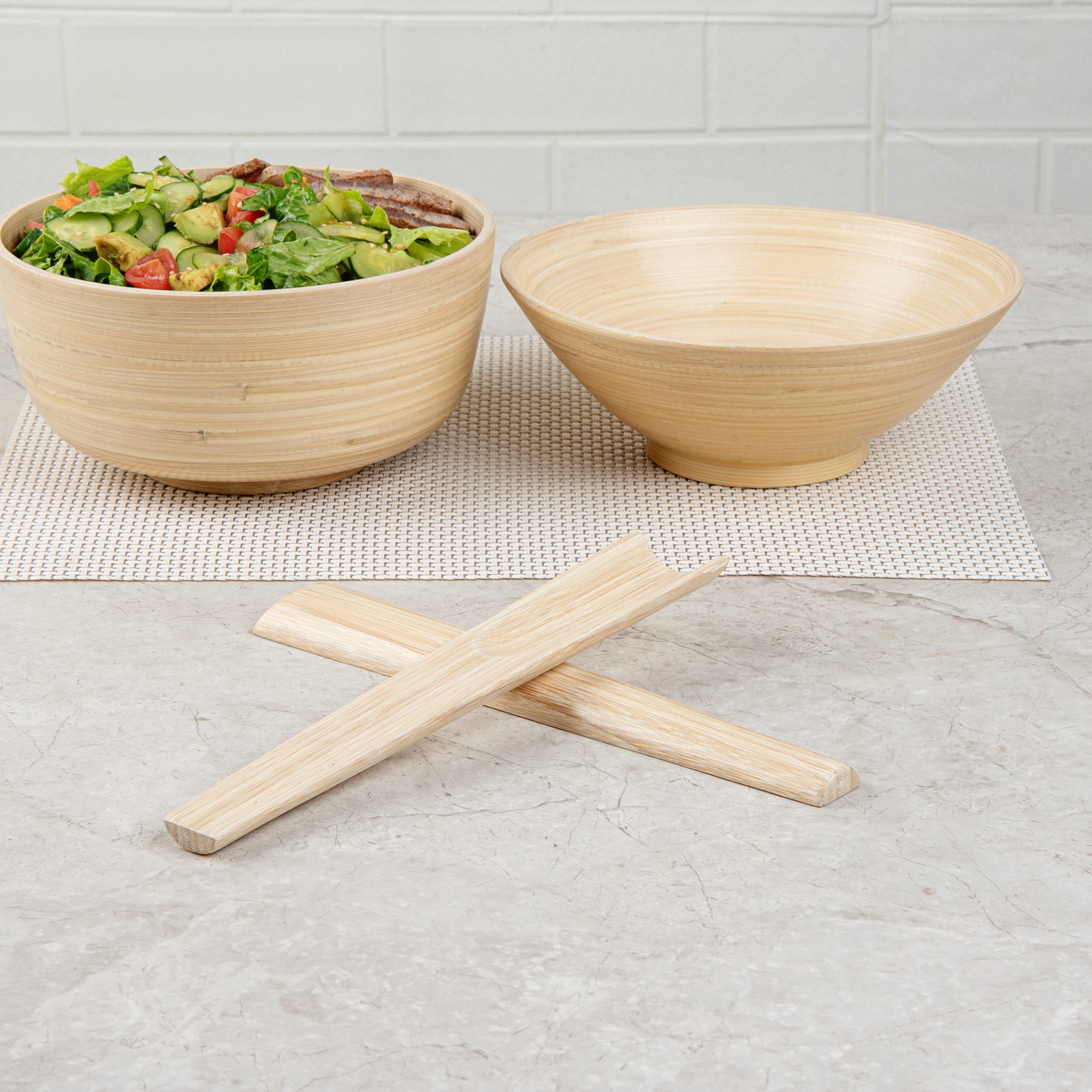 Natural Bamboo Salad Servers Set - 2 Piece Eco-Friendly Spun Bamboo Utensils for Serving Salads, Pasta & Appetizers - 9.75 Inch Sustainable Kitchenware for Parties & Picnics