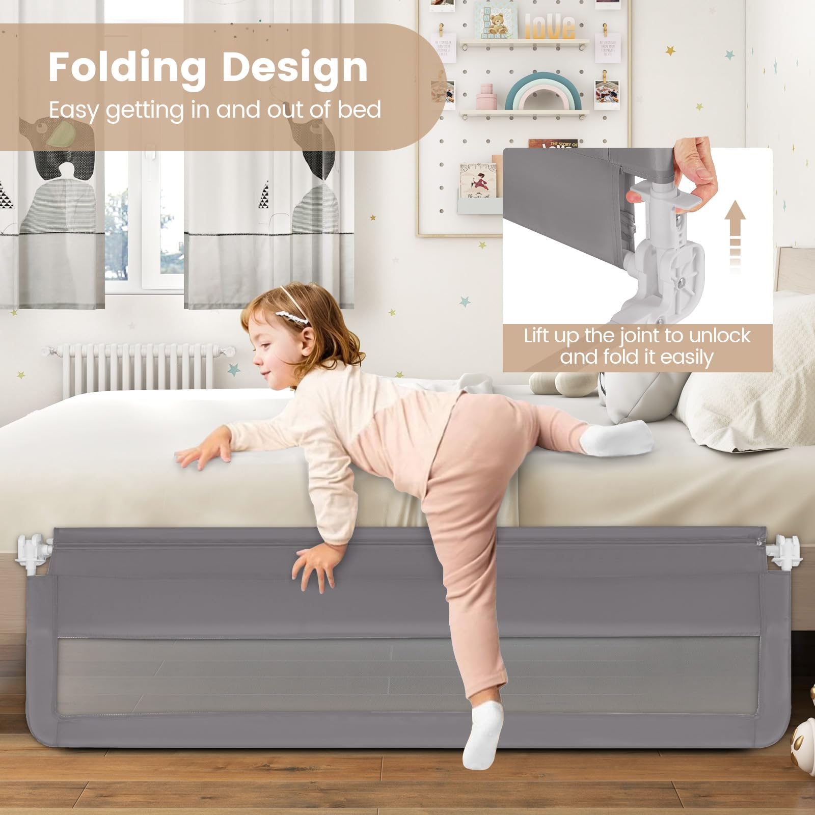 HONEY JOY 71-inch Extra Long Toddler Bed Rail - Portable Safety Bed Guardrail with Double Child Lock, Foldable Baby Bed Rail for King, Queen, Full & Twin Size Mattresses (Gray, 2 Pack) - Perfect for Travel, Home & Childcare Safety