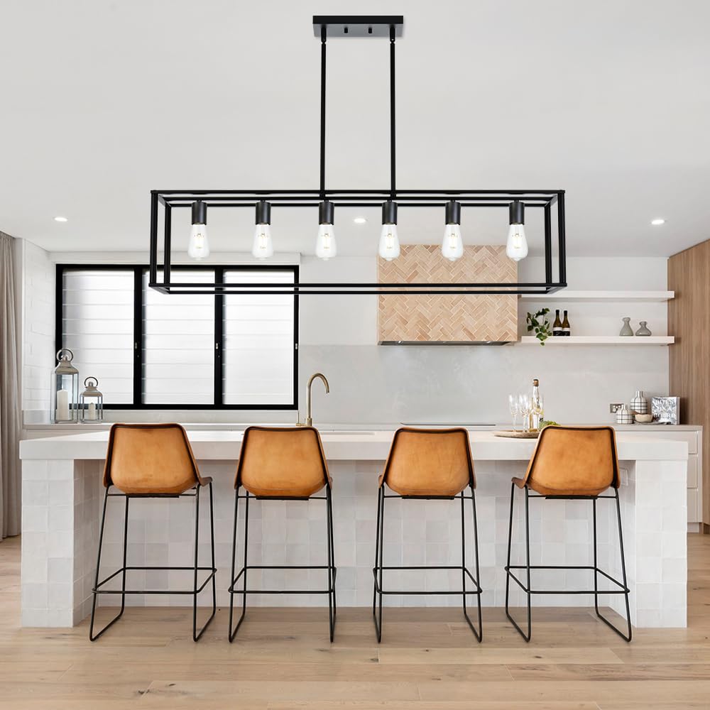 6-Light Black Farmhouse Linear Chandelier - E26 Base Pendant Lighting for Kitchen Island, Dining Room, Bar, Pool Table, and Rustic Home Decor