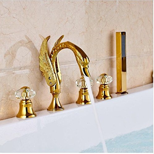 GOWE Modern Bathtub Shower Faucet Set - 5-Piece Gold Finish Deck Mounted Waterfall Spout with Hand Sprayer - Perfect for Bathroom Renovation & Luxury Spa Experience