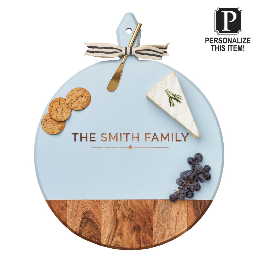 Personalized Acacia Wood Heirloom Round Charcuterie Board with Handle - Light Blue - 20