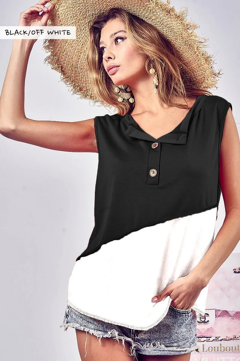 Stylish BiBi Color Block Contrast Stitching Buttoned Henley Top for Women | Trendy Casual & Workwear Blouse | Perfect for Office, Dating & Weekend Outfits