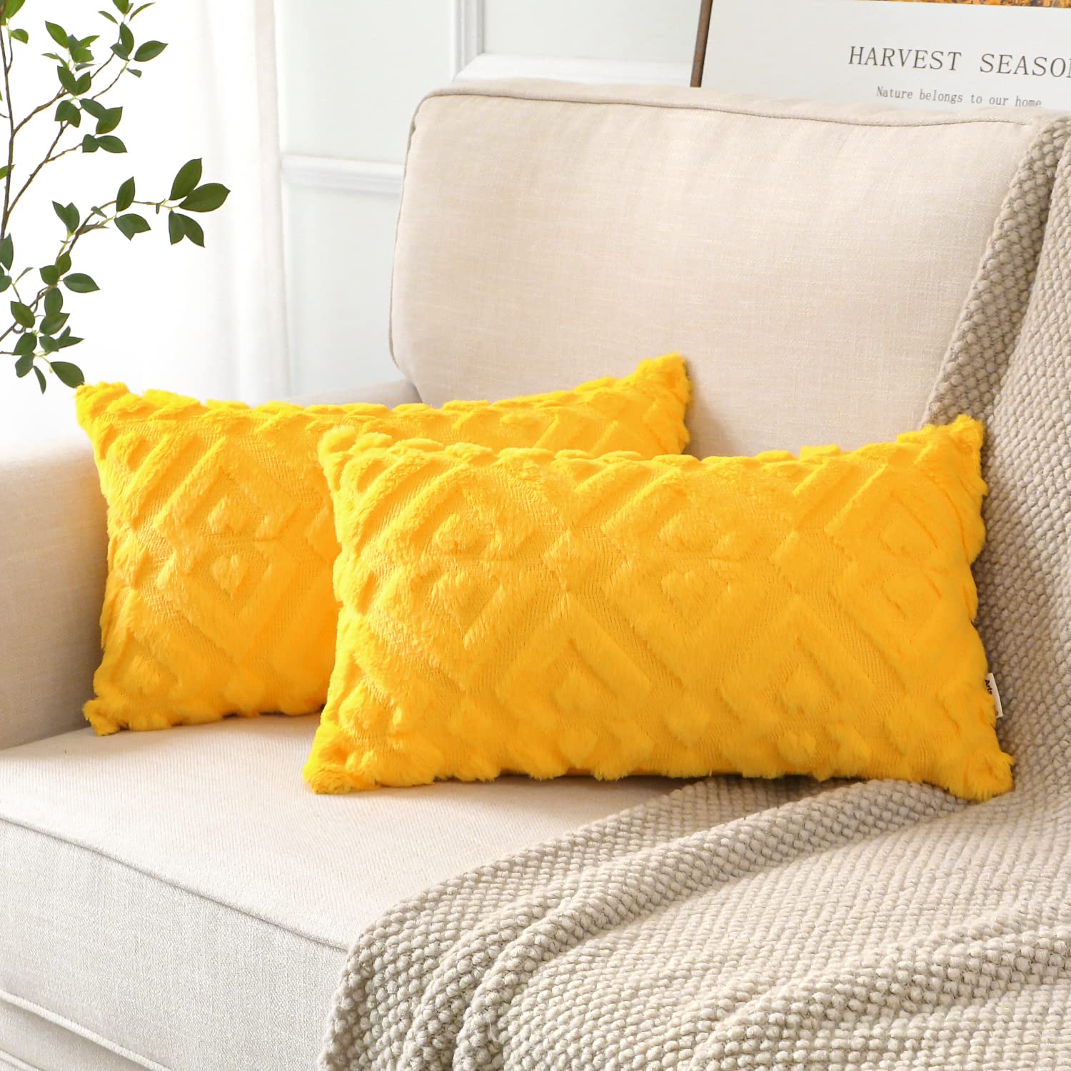 Artscope 2-Pack Soft Plush Short Wool Velvet Decorative Throw Pillow Covers - Luxury European Style Cushion Covers for Sofa & Bedroom - Diamond Pattern in Orange & Yellow (12x20 Inches) - Perfect for Home Decor, Living Room Accent & Cozy Bedding