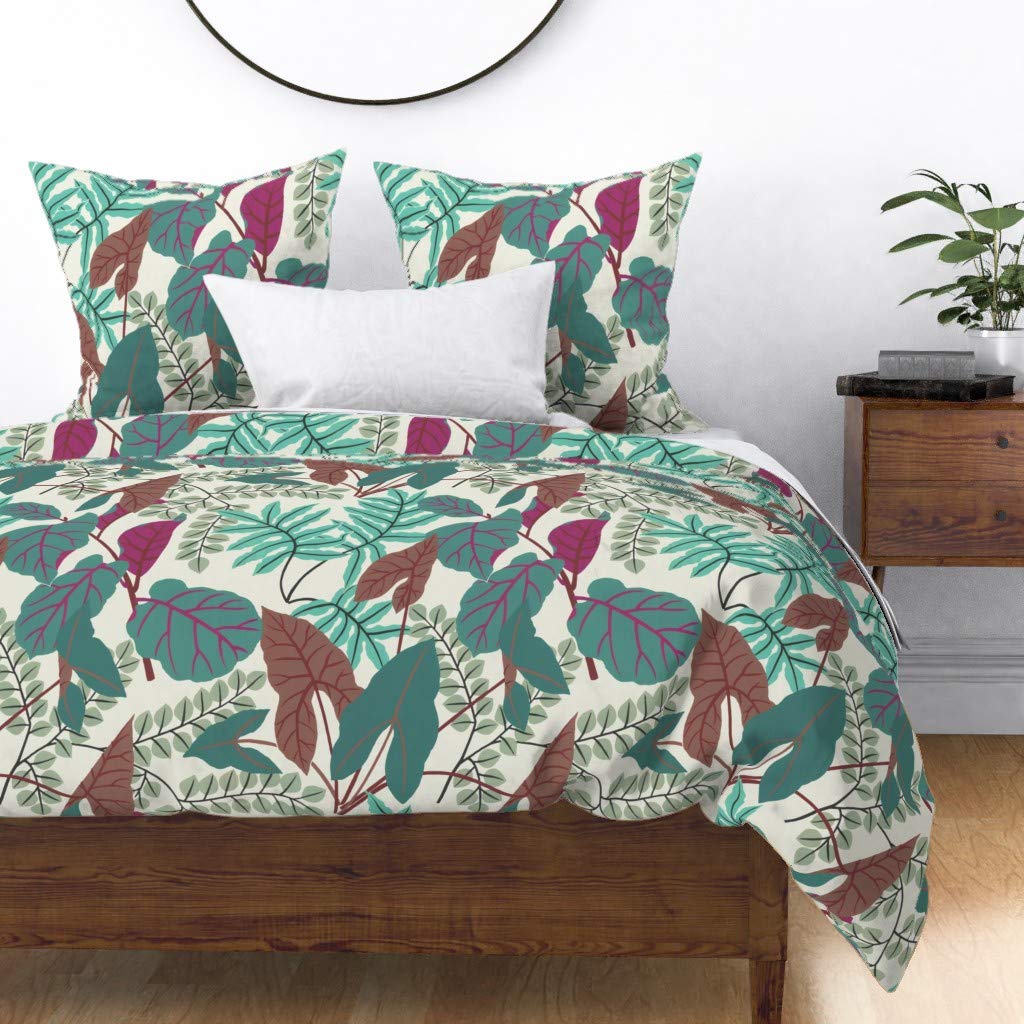 Custom Jungle Leaves Teal Green Tropical Rainforest Print Cotton Sateen Duvet Cover Full/Queen Size - Greenhouse & Palm House Inspired Bedding for Boho & Botanical Bedroom Decor