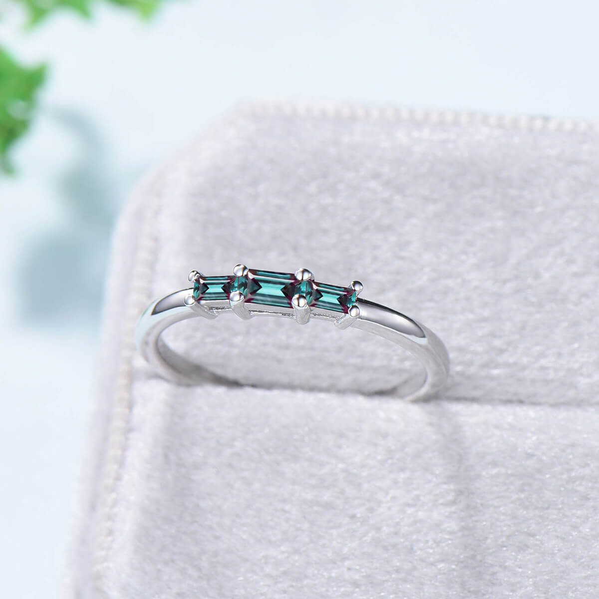 East to West Baguette Alexandrite Ring - Three Stone Color Changing Gemstone Wedding Band, Stackable Dainty Ring for June Birthstone & Anniversary Gift - Perfect for Bridal Jewelry, Engagement Stacking Rings & Special Occasion Gifts