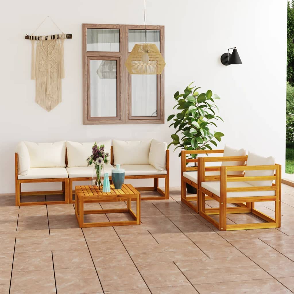 vidaXL 6-Piece Patio Lounge Set - Modern Outdoor Sectional Sofa with Cushions & Coffee Table, Solid Acacia Wood in Cream - Perfect for Garden, Backyard, and Poolside Relaxation
