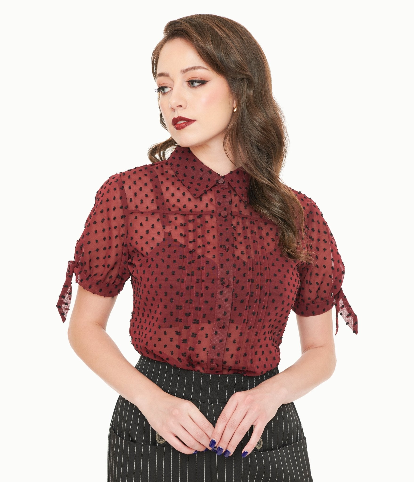 Vintage 1950s Burgundy & Black Polka Dot Tie Cuff Blouse - Retro 50s Style Women's Button Up Shirt for Office, Party & Special Occasions