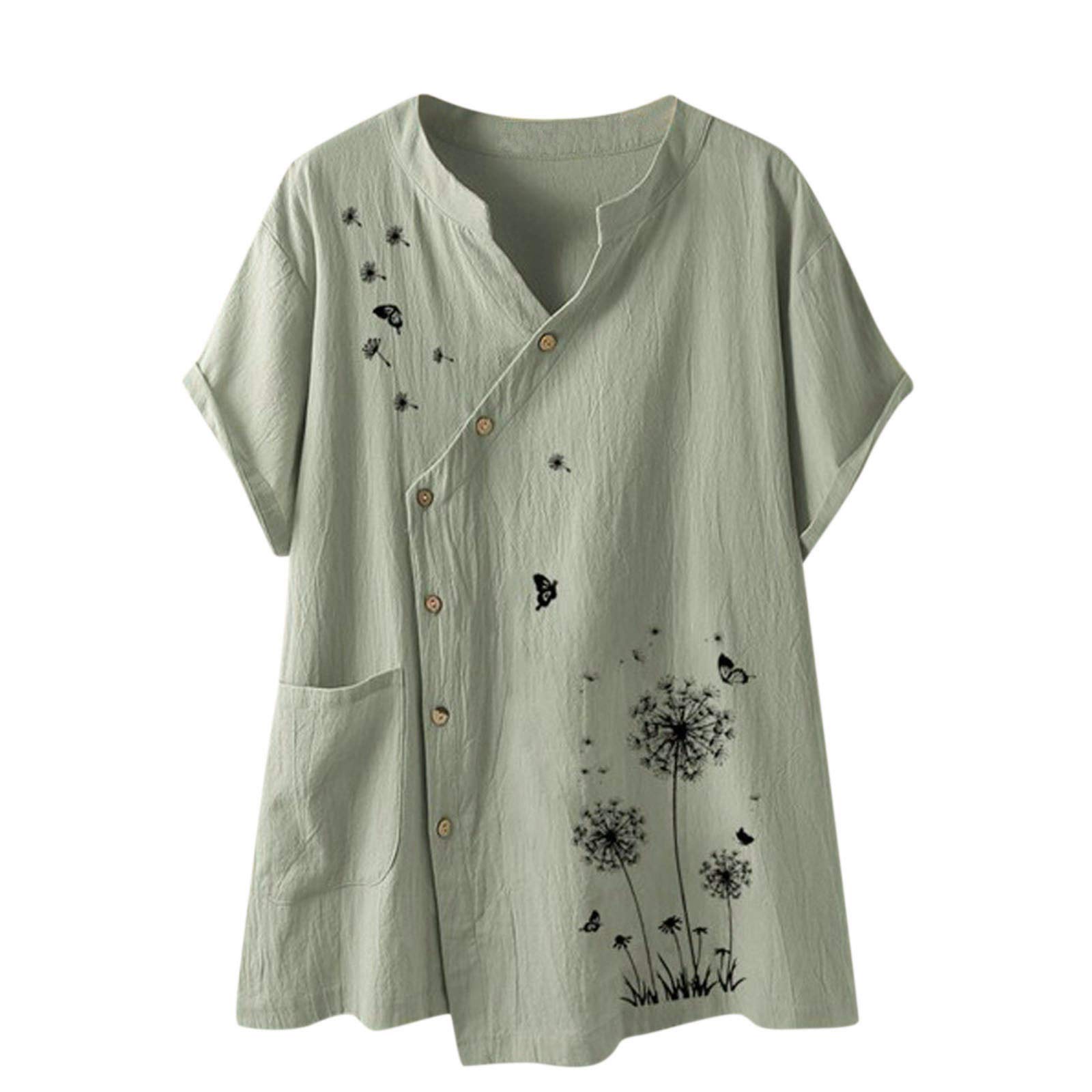 Premium Linen Women's Shirts - Loose Fit Short Sleeve Button Up V-Neck Henley Tunic Tops & Dresses | Breathable Summer Blouse for Casual Wear, Office, and Beach Outfits