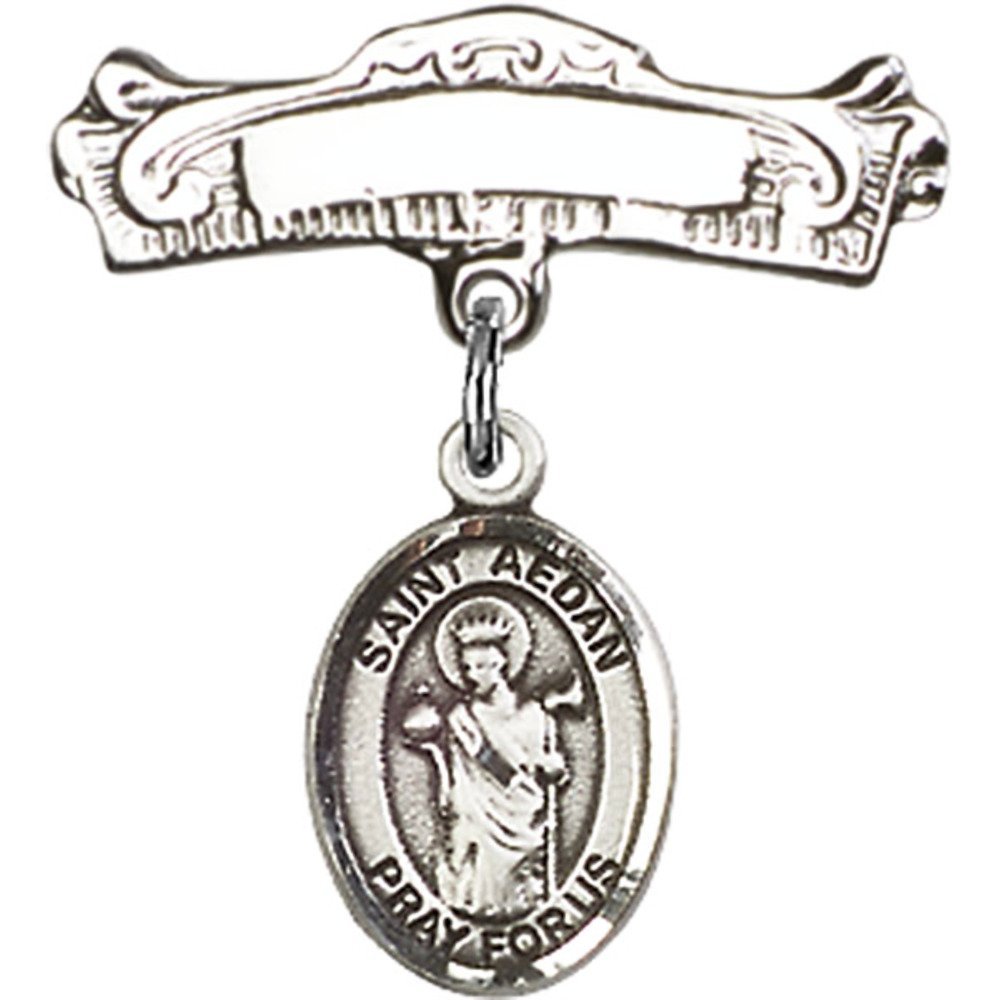 St. Aedan of Ferns Sterling Silver Baby Badge - 7/8 X 7/8 Inch Arched Polished Charm Pin for Christening, Baptism & First Communion Gifts