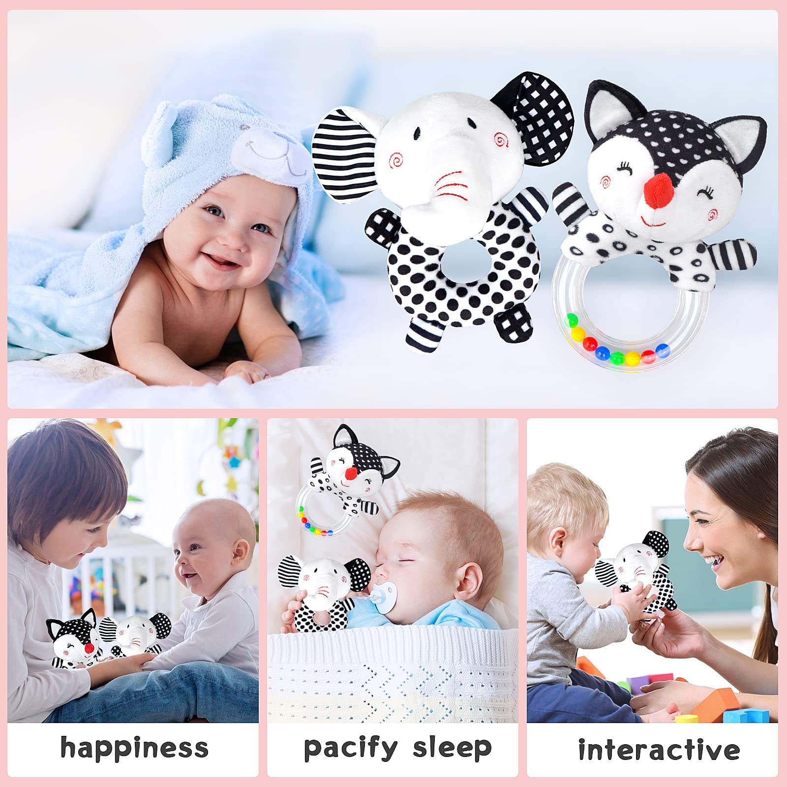 High Contrast Black & White Baby Rattles 0-12 Months - Newborn Sensory Toys for 0-3 6 9 12 Month Old Boys & Girls - Perfect for Early Visual Development & Tummy Time Play