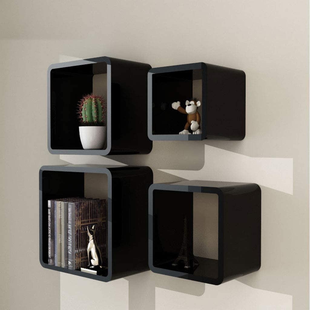 ZHANGWW Set of 4 Black Floating Wall Shelves - Square Decorative Hanging Shelves for Books, Plants & Home Decor | Perfect for Living Room, Bedroom, Office & Kitchen Storage Organization