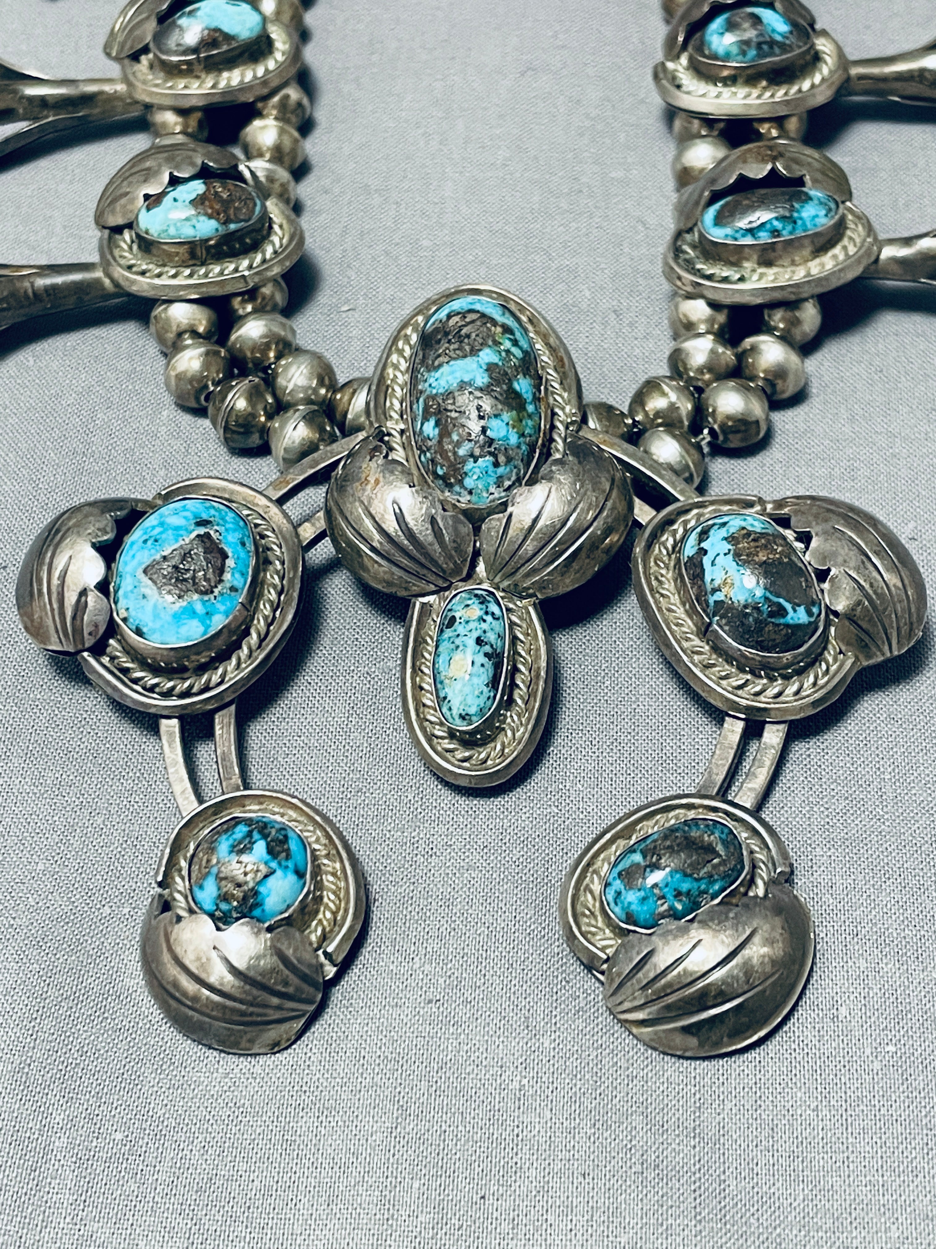 Authentic 100% Bisbee Turquoise Vintage Native American Navajo Sterling Silver Squash Blossom Necklace | Handcrafted Jewelry for Women | Perfect for Boho Fashion, Weddings & Special Occasions