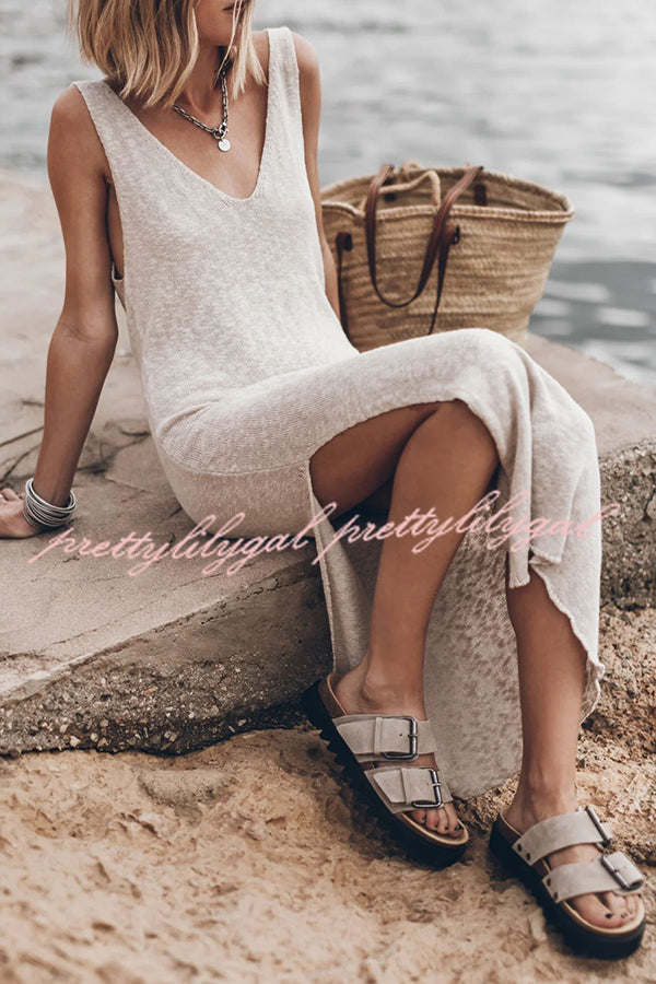 Vacation Breeze Knit Slit Loose Tank Midi Dress - Summer Beach Dress for Women, Casual Sleeveless Flowy Dress for Travel, Vacation, and Outdoor Activities