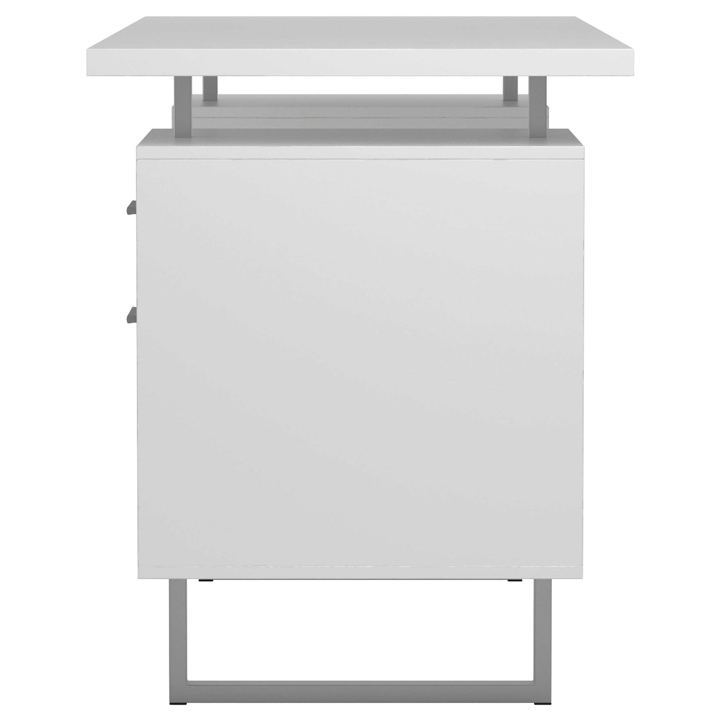 Modern Contemporary 2-Drawer Home Office Writing Desk with Storage File Cabinet - Silver Metal Frame & White High Gloss Finish - Perfect for Small Spaces, Home Offices, and Workspaces (Model 803521)