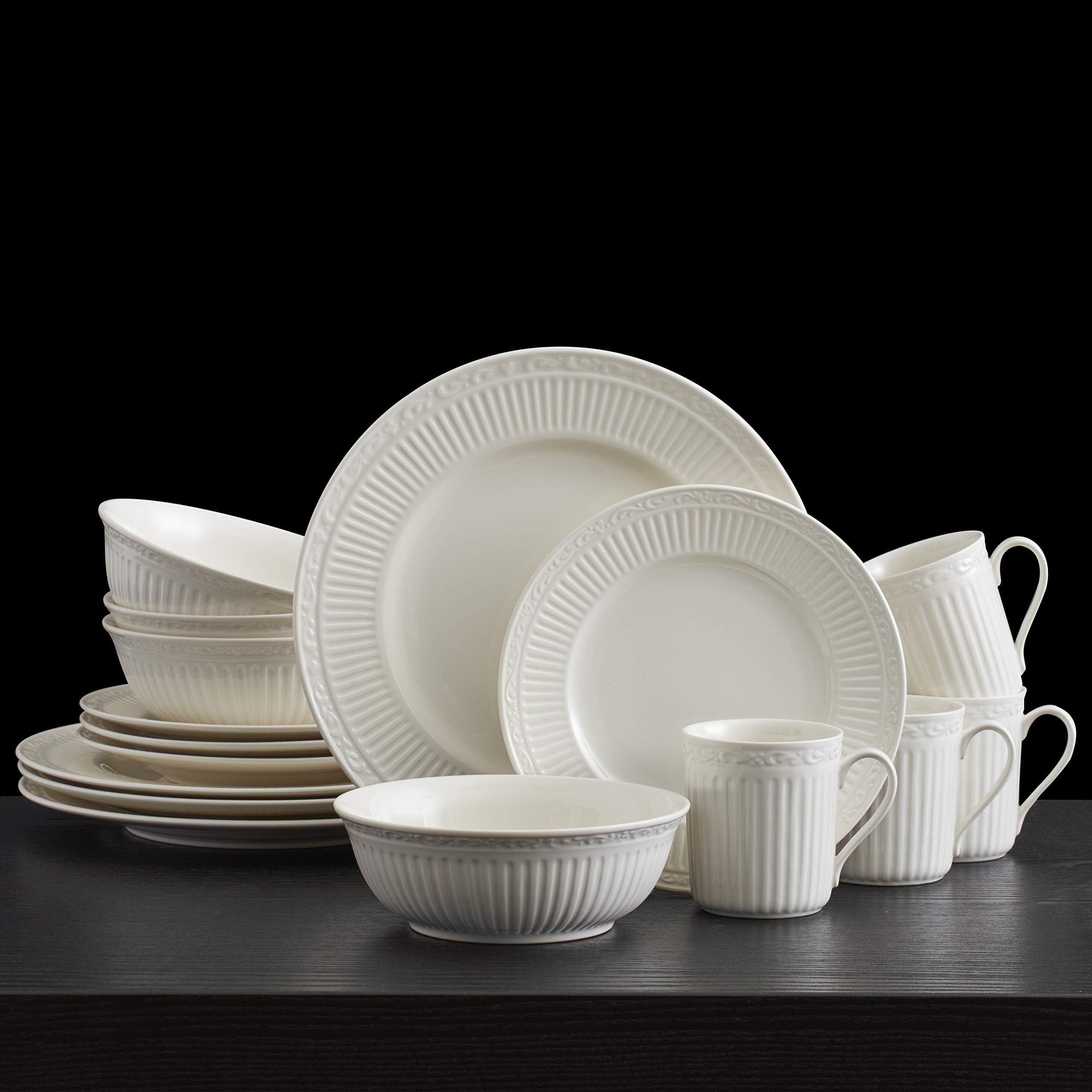 Mikasa Italian Countryside 16-Piece Dinnerware Set - Classic White Porcelain with Fluted Bands, Service for 4 - Dinner Plates, Salad Plates, Bowls & Mugs - Microwave & Dishwasher Safe - Perfect for Family Dinners, Entertaining Guests & Everyday Use