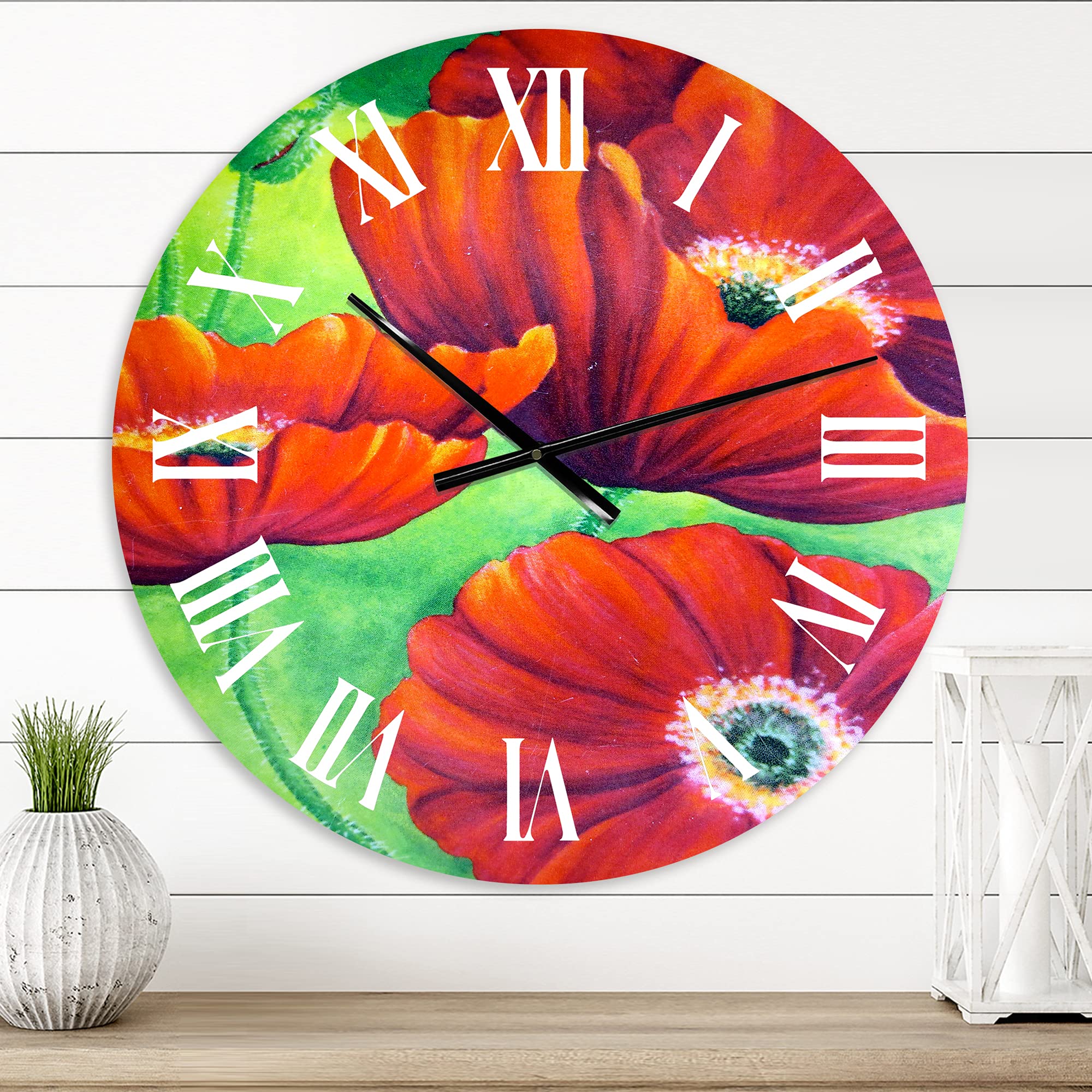 DesignQ Traditional Wall Clock 'Red Blossoming Poppies VII' - Large Floral & Botanical Wall Clock for Home Decor - Perfect for Bedroom, Living Room, and Office Spaces