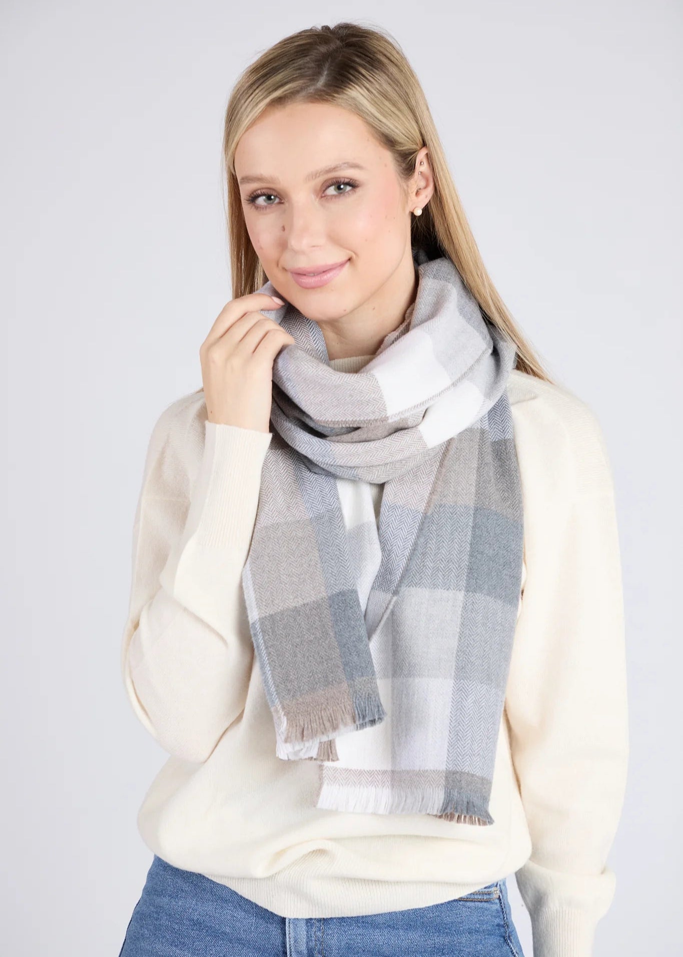 Foxford Giant Merino Wool Scarf - Soft Warm Winter Accessory for Men & Women | Mink & Oxford Block Check Pattern | Perfect for Cold Weather, Outdoor Activities & Fashion Layering