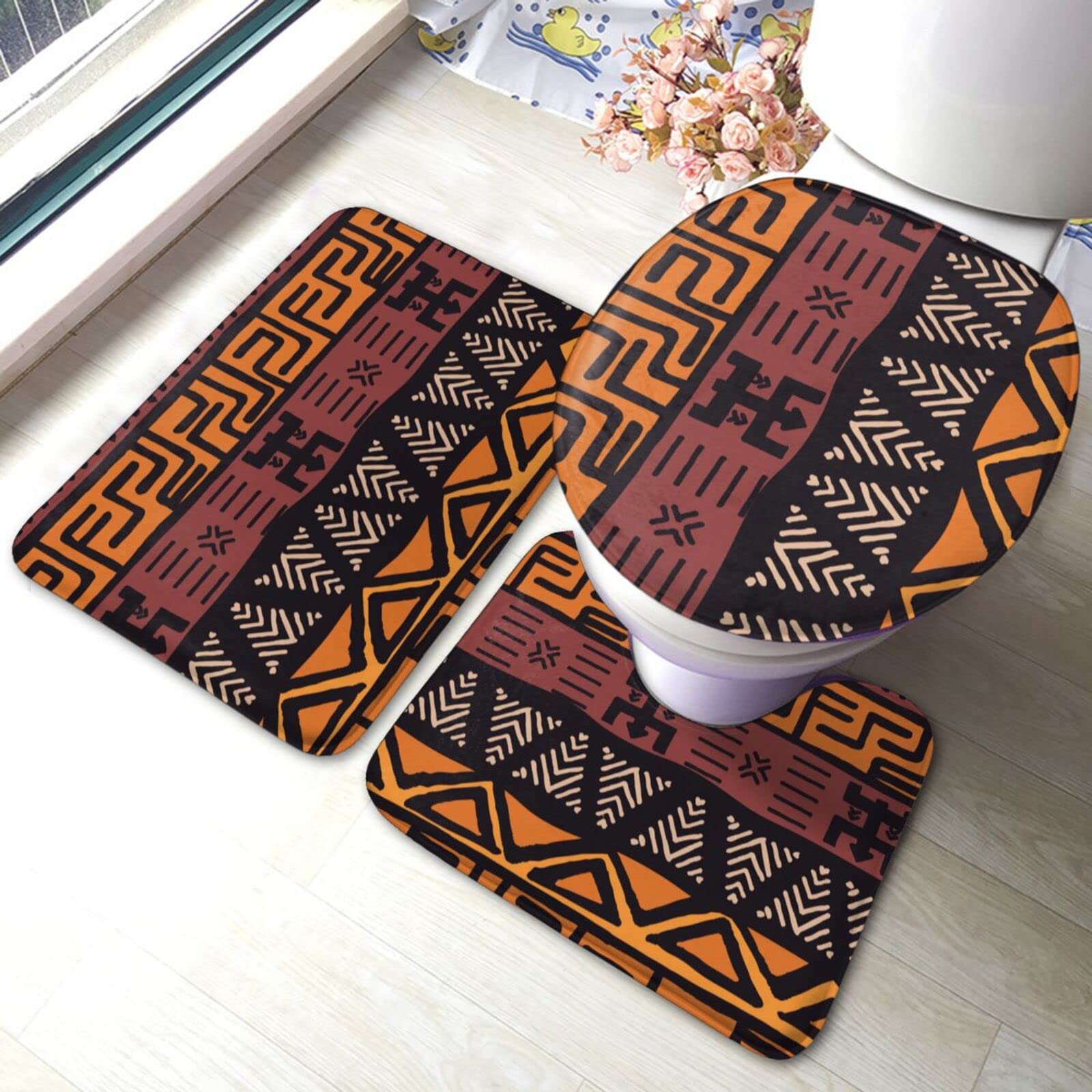 BBEACGFG African Mud Cloth Tribal Bathroom Rug Set - 3 Piece Non-Slip Bath Mat, Contour Mat & Toilet Lid Cover - White, One Size - Perfect for Boho, Farmhouse & Tribal Style Bathroom Decor