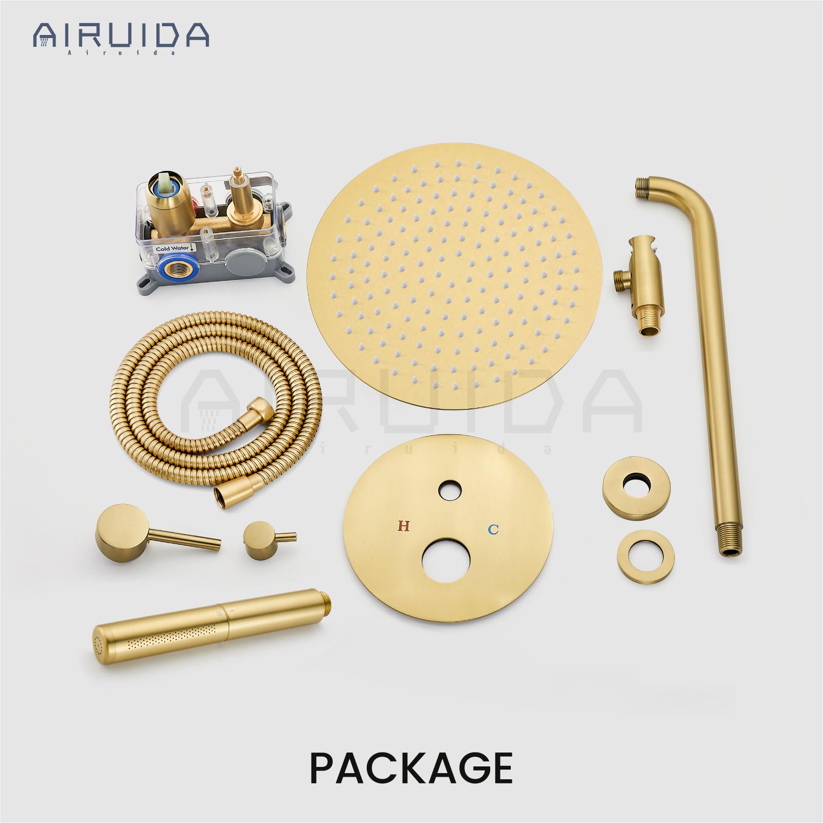 Airuida 2-Function Wall Mounted Shower Faucet Set - High Pressure Brass Handheld Shower with Rough-in Valve & 12 Inch Round Rainfall Shower Head in Brushed Gold | Perfect for Modern Bathroom Renovations & Spa-Like Shower Experience