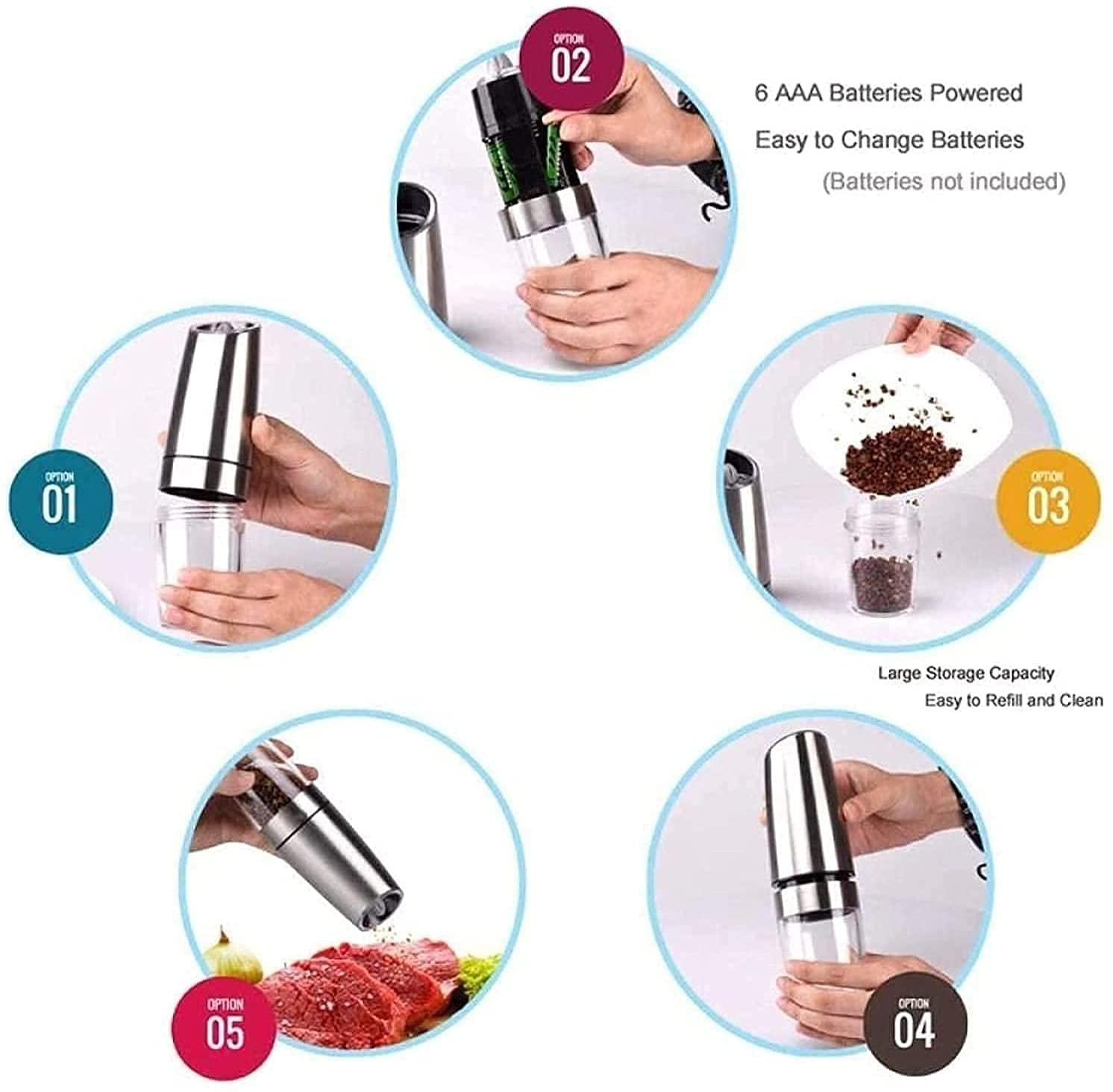 Premium Salt and Pepper Grinder Set (2-Piece) - Adjustable Ceramic Grinders with Glass Body for Freshly Ground Spices - Perfect for Kitchen, Dining Table & Gourmet Cooking