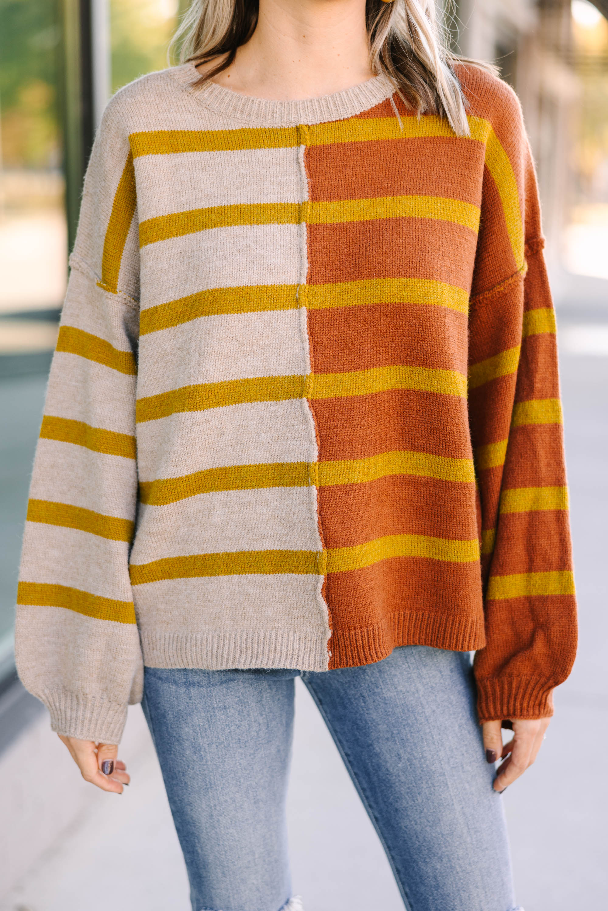 Rust Orange Striped Sweater for Women - Cozy Knit Pullover with Back and Forth Pattern | Perfect for Fall Outfits, Casual Wear & Coffee Dates