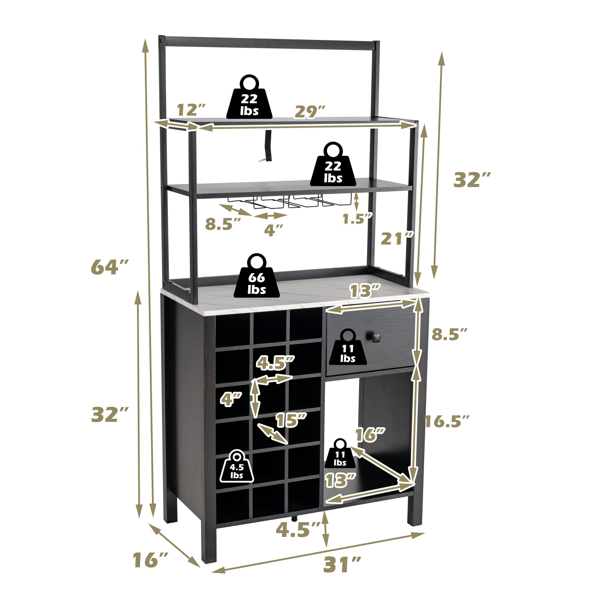 LOKO Bar Cabinet - Wine Storage Cabinet with Detachable Glass Holder & Racks, Kitchen Bakers Rack with Wine Rack, 31