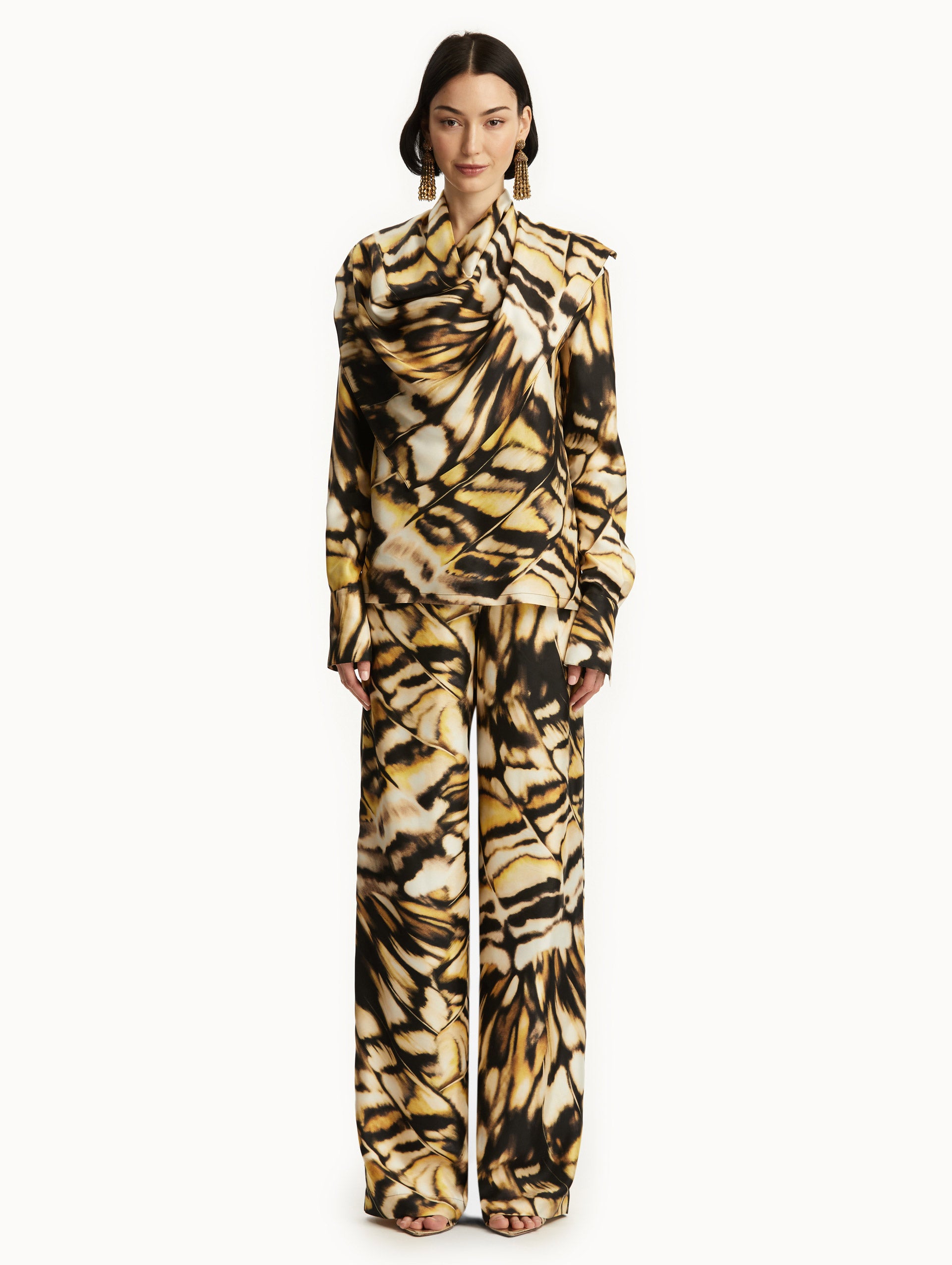 Abstract Butterfly Print Silk Twill Blouse for Women - Elegant Long Sleeve Shirt for Office, Party & Special Occasions