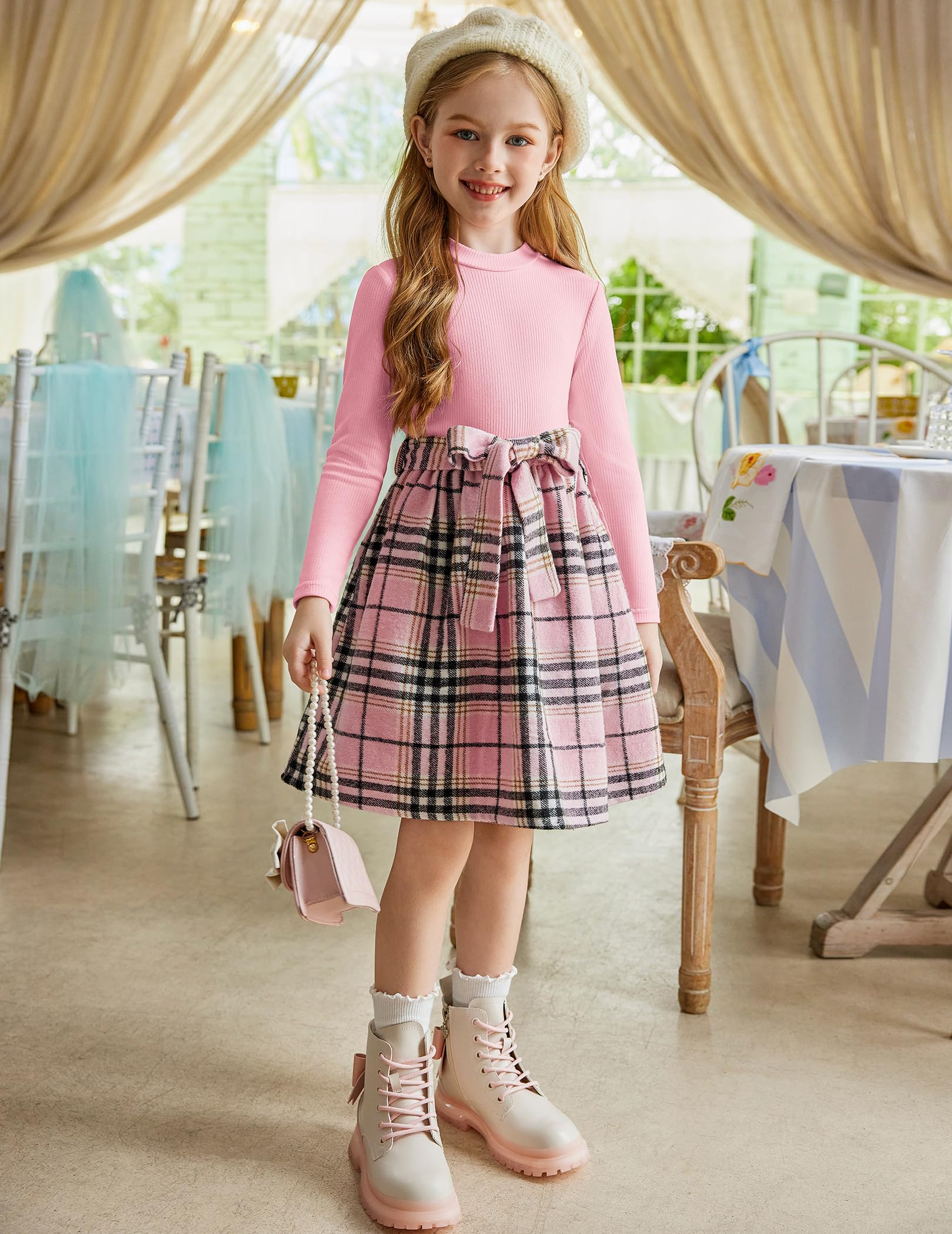 Arshiner Girls Long Sleeve Rib Knit Plaid Patchwork Belted Dress with Pockets | Cute & Comfortable Fall Winter Outfit for School, Party & Holiday Photos