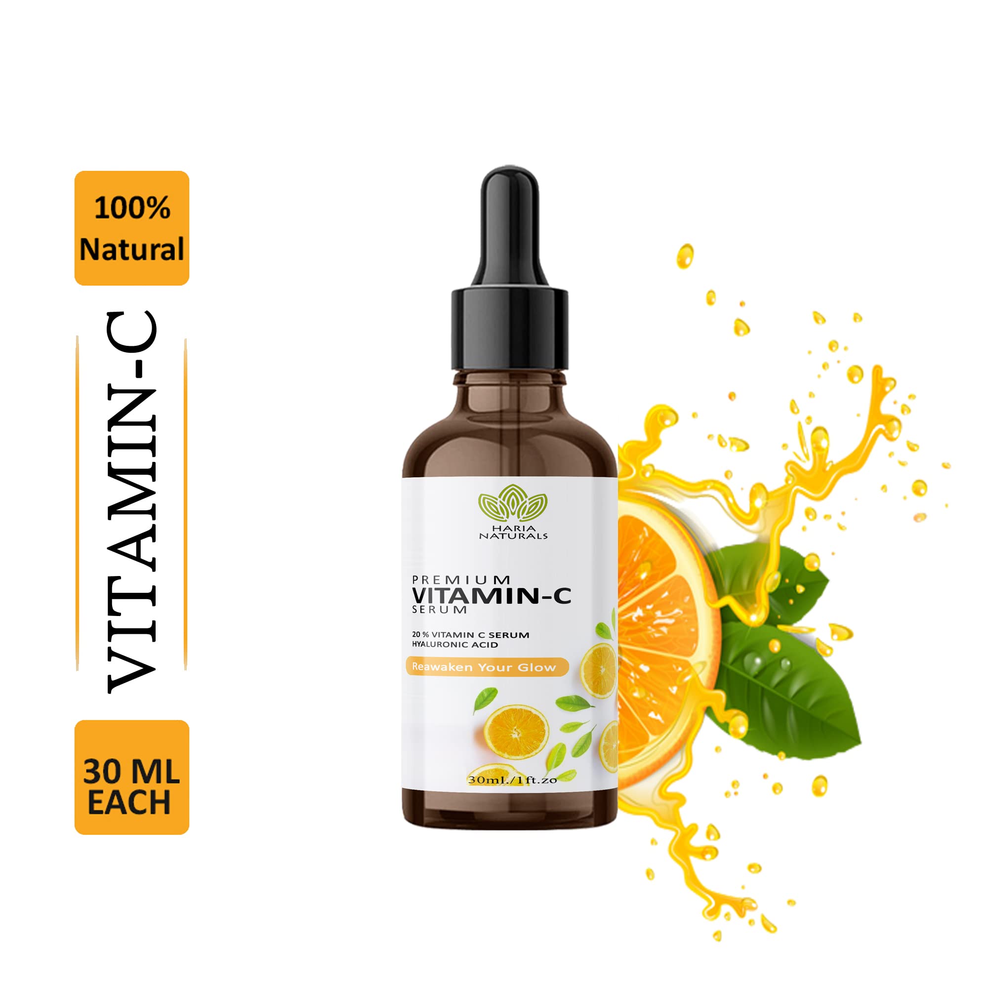 Haria Naturals Professional Vitamin C Face Serum - Brightens Skin, Reduces Wrinkles & Fine Lines, 30ml | Anti-Aging, Dark Spot Treatment for Glowing Skin | Day & Night Skincare Routine