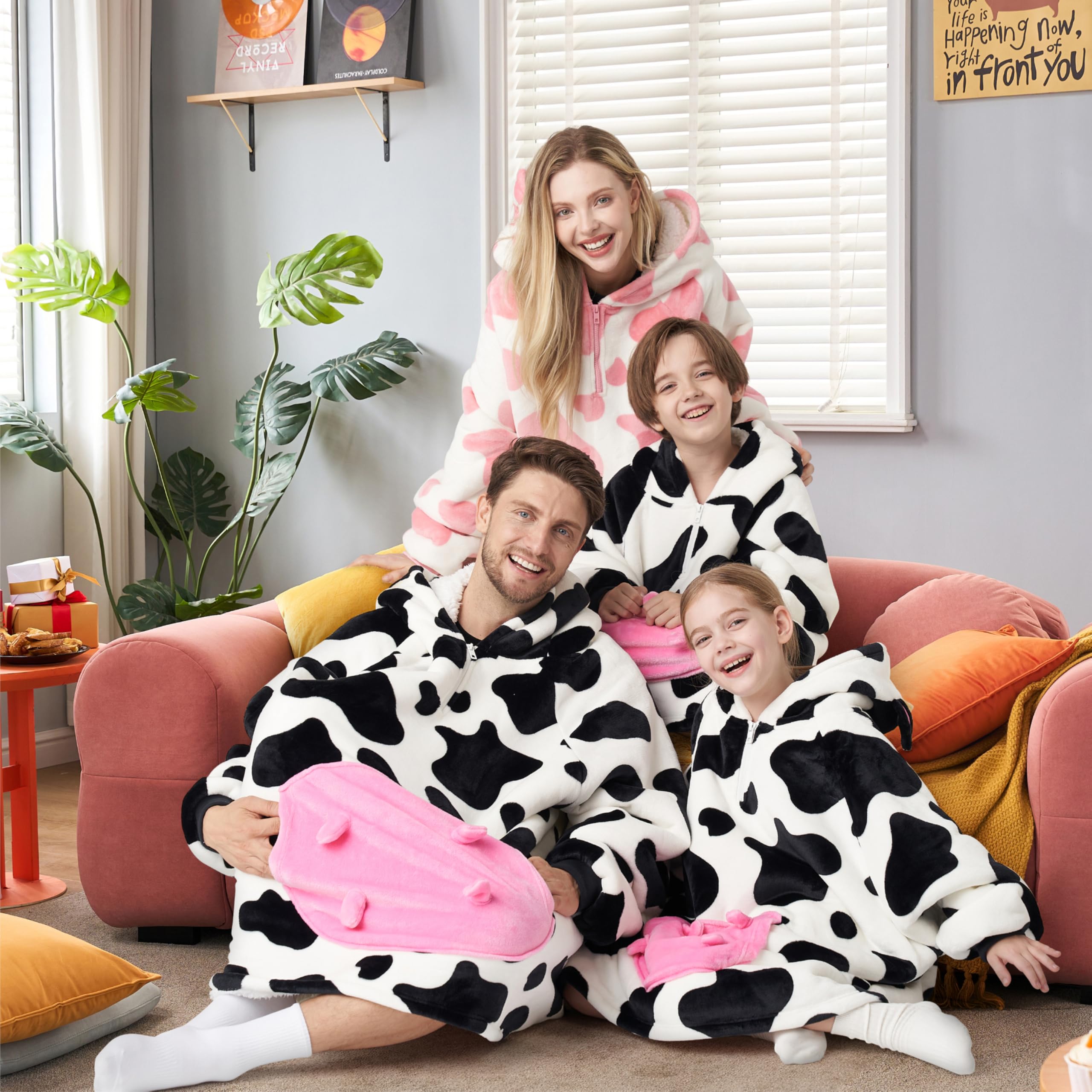 Giggling Getup Cow Wearable Blanket Hoodie - Oversized Soft Sherpa Fleece Hooded Blanket with Giant Pocket - Warm Plush Flannel Blanket Sweatshirt for Kids & Adults - Perfect for Winter Nights, Movie Time and Family Snuggles
