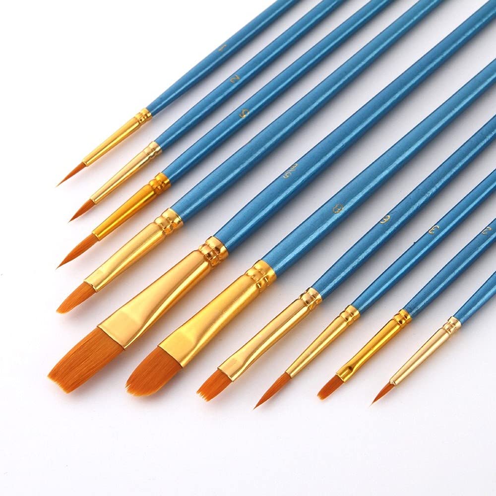 10-Piece Acrylic Paint Brush Set - Round Pointed Tip Nylon Hair Brushes for Oil, Watercolor, Face & Nail Art - Perfect for Miniature Detailing, Rock Painting & Canvas Art - Ideal for Artists, Adults & Kids (Black)