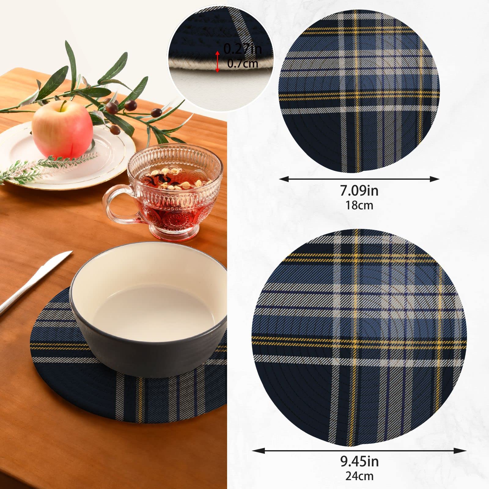Scotland Fabric Pot Holders Set of 2 - Heat Resistant Cotton Round Kitchen Holders with Rope Trivets - Handwoven Thread Coasters for Cooking, Dining & Hot Dishes - Perfect for Baking, Serving & Home Decor