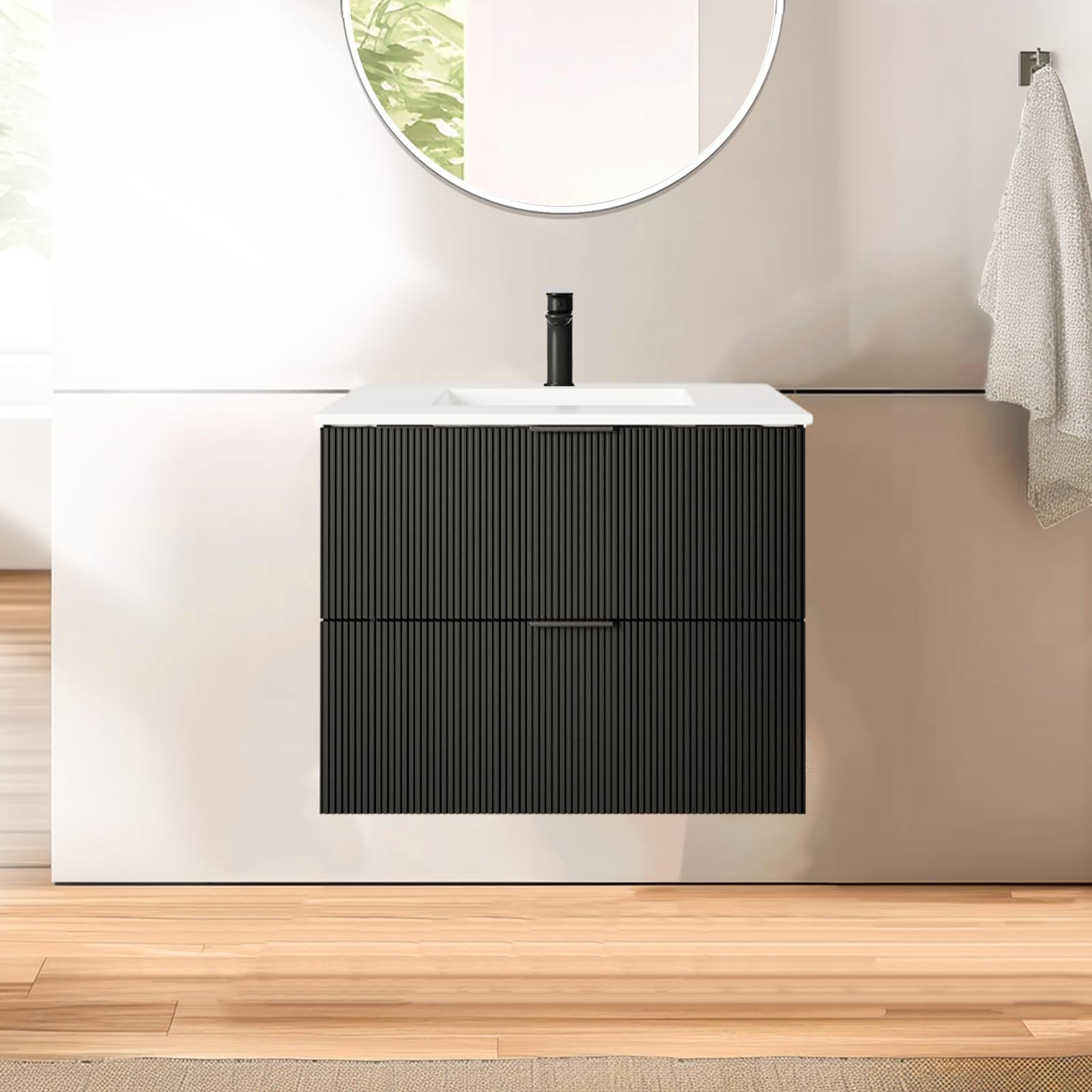 24 Inch Modern Bathroom Vanity with Black Ceramic Sink - Floating Wall Mounted Fluted Design & Storage Drawers - Perfect for Small Bathrooms, Powder Rooms & Contemporary Home Decor